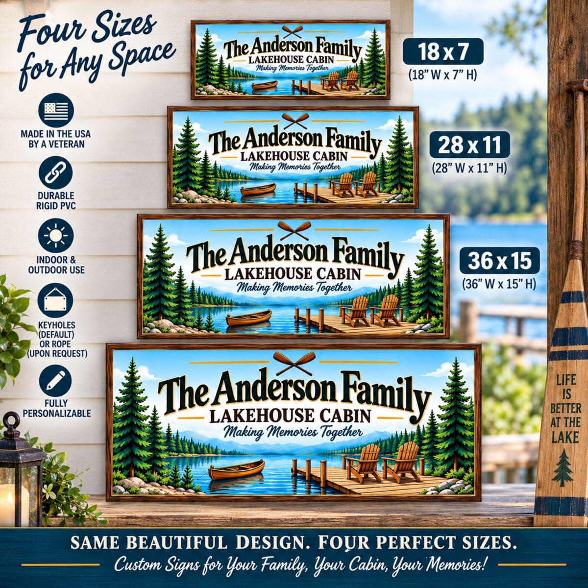 Lakehouse family sign size guide showing 18×7, 28×11, 36×15 and 48×20 options.