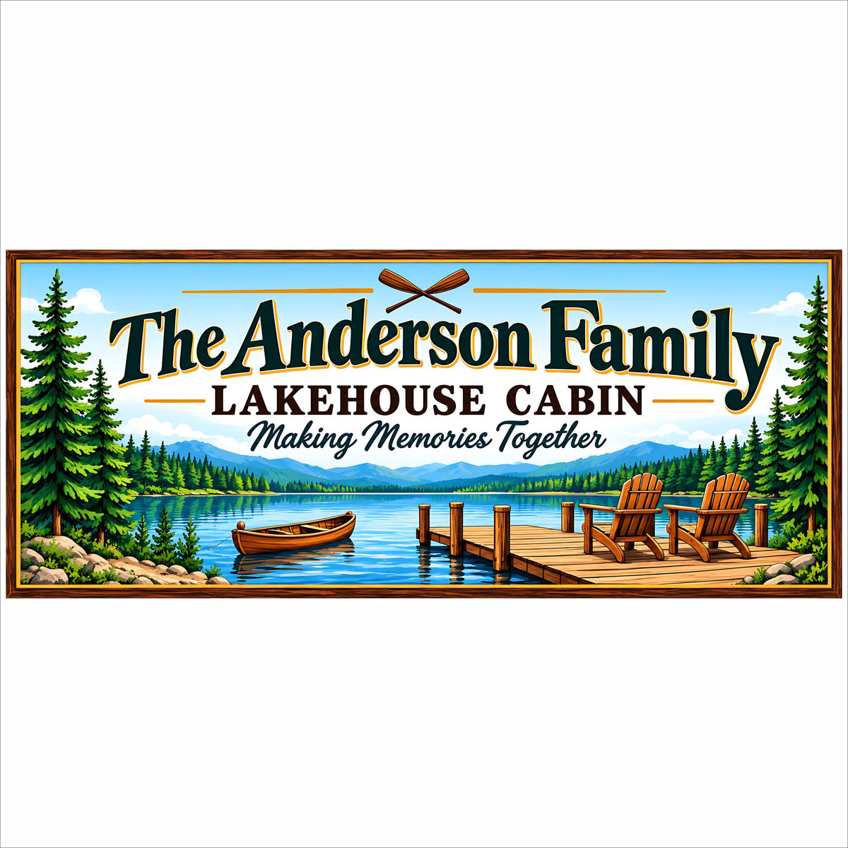 Personalized Anderson Family Lakehouse Cabin sign with pine trees, mountain lake, canoe, dock and Adirondack chairs.