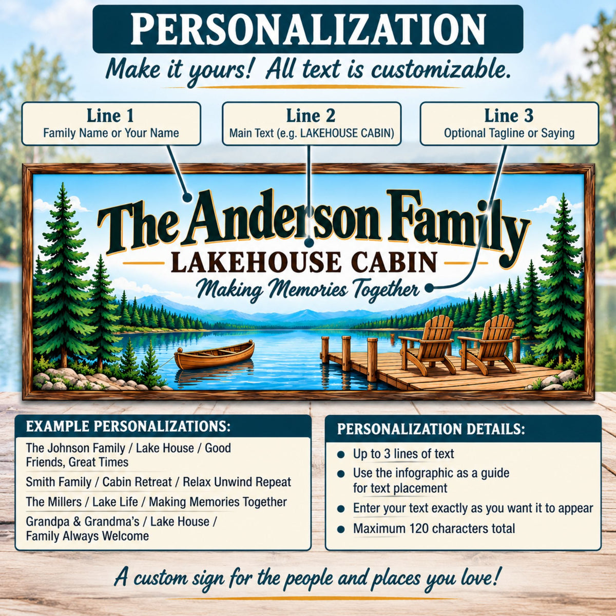 Personalization guide for custom lakehouse family sign showing three customizable lines of text.