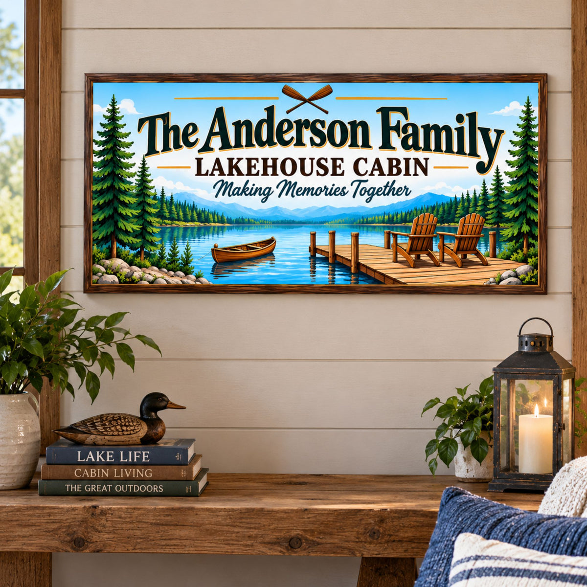 Personalized lakehouse cabin sign displayed on a rustic interior wall with lake-themed decor.