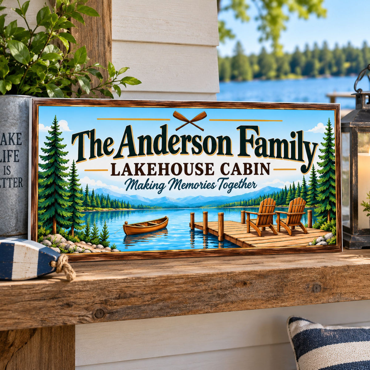 Custom lakehouse family sign displayed on an outdoor rustic wood shelf overlooking a lake.