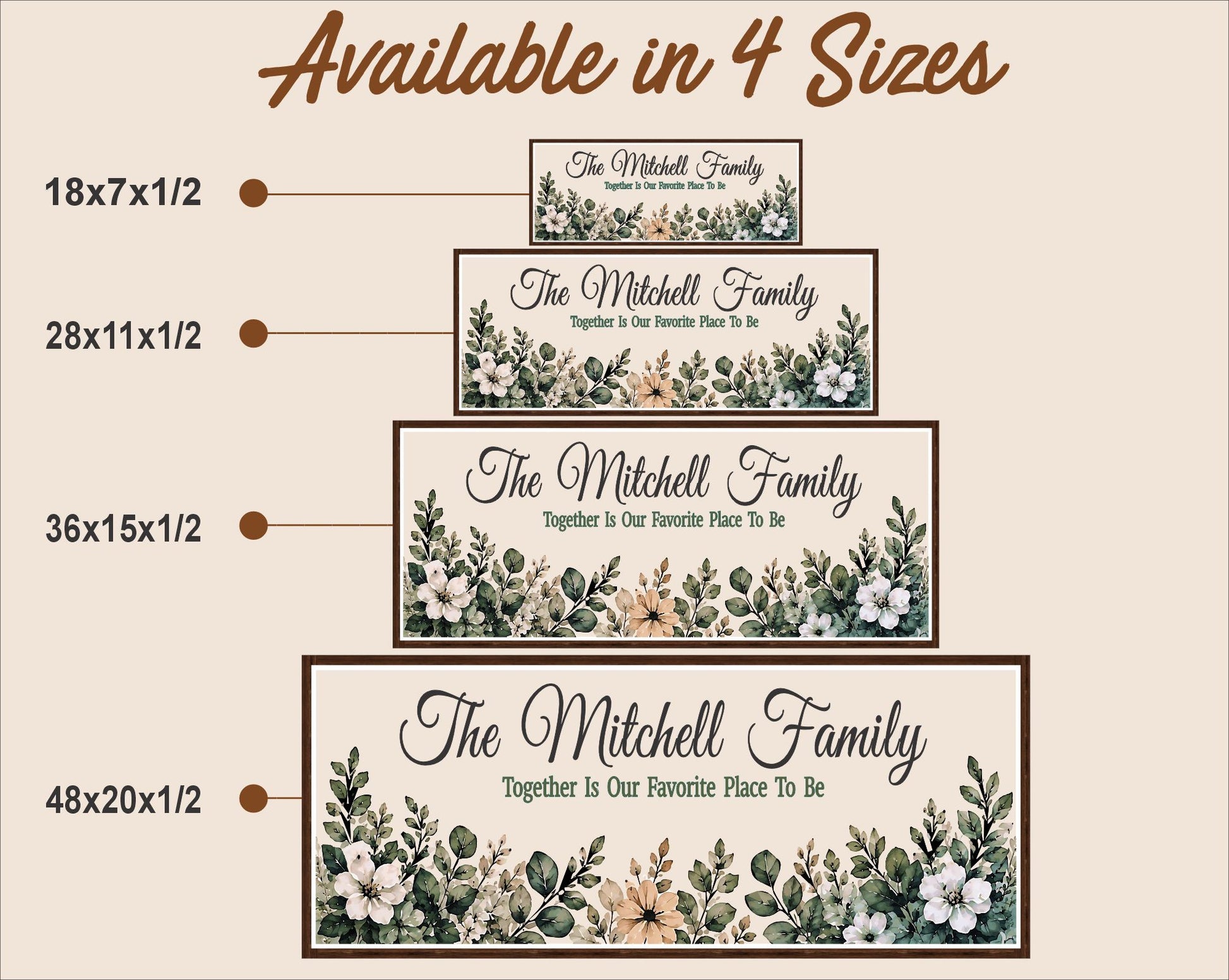 Size comparison chart showing the personalized botanical family sign available in four sizes