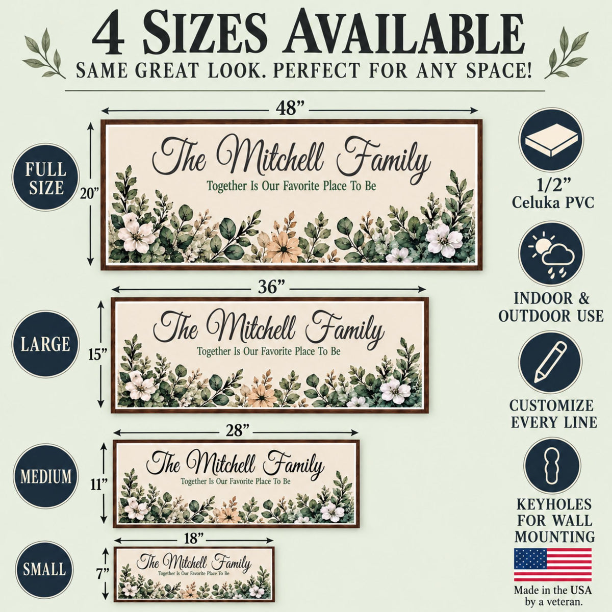 Floral family sign size guide showing 18×7, 28×11, 36×15, and 48×20-inch options, 1/2-inch Celuka PVC, indoor and outdoor use, and keyhole mounting.