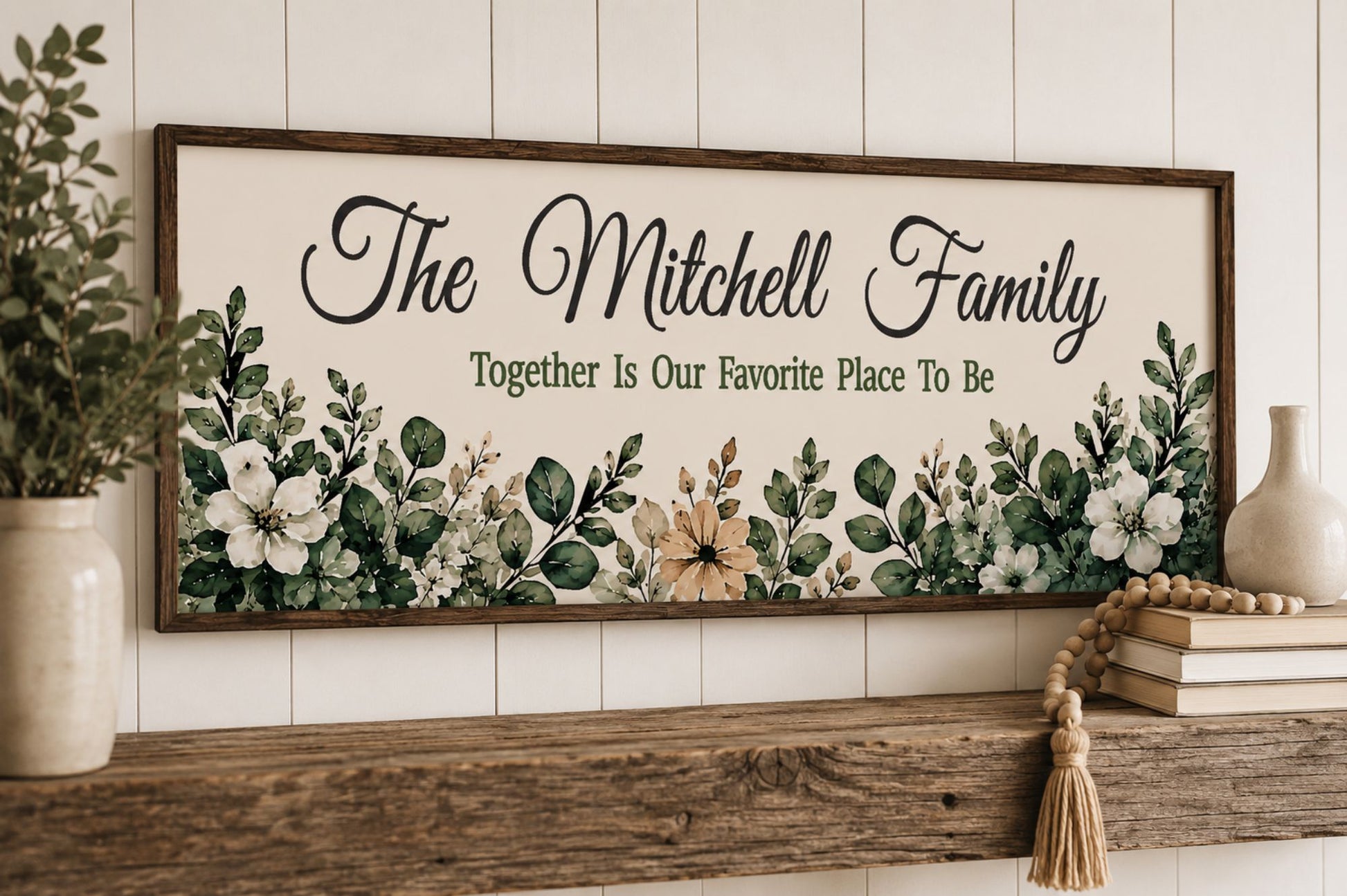 Personalized family greenery wall sign displayed above a mantel with elegant farmhouse-inspired decor