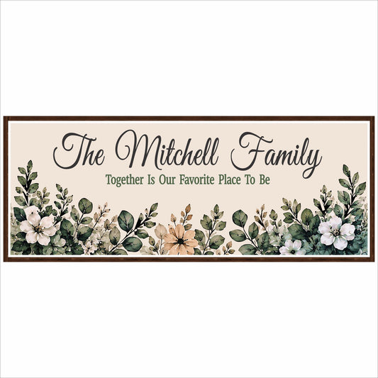 Personalized family greenery sign with floral botanical border and custom family name on cream background