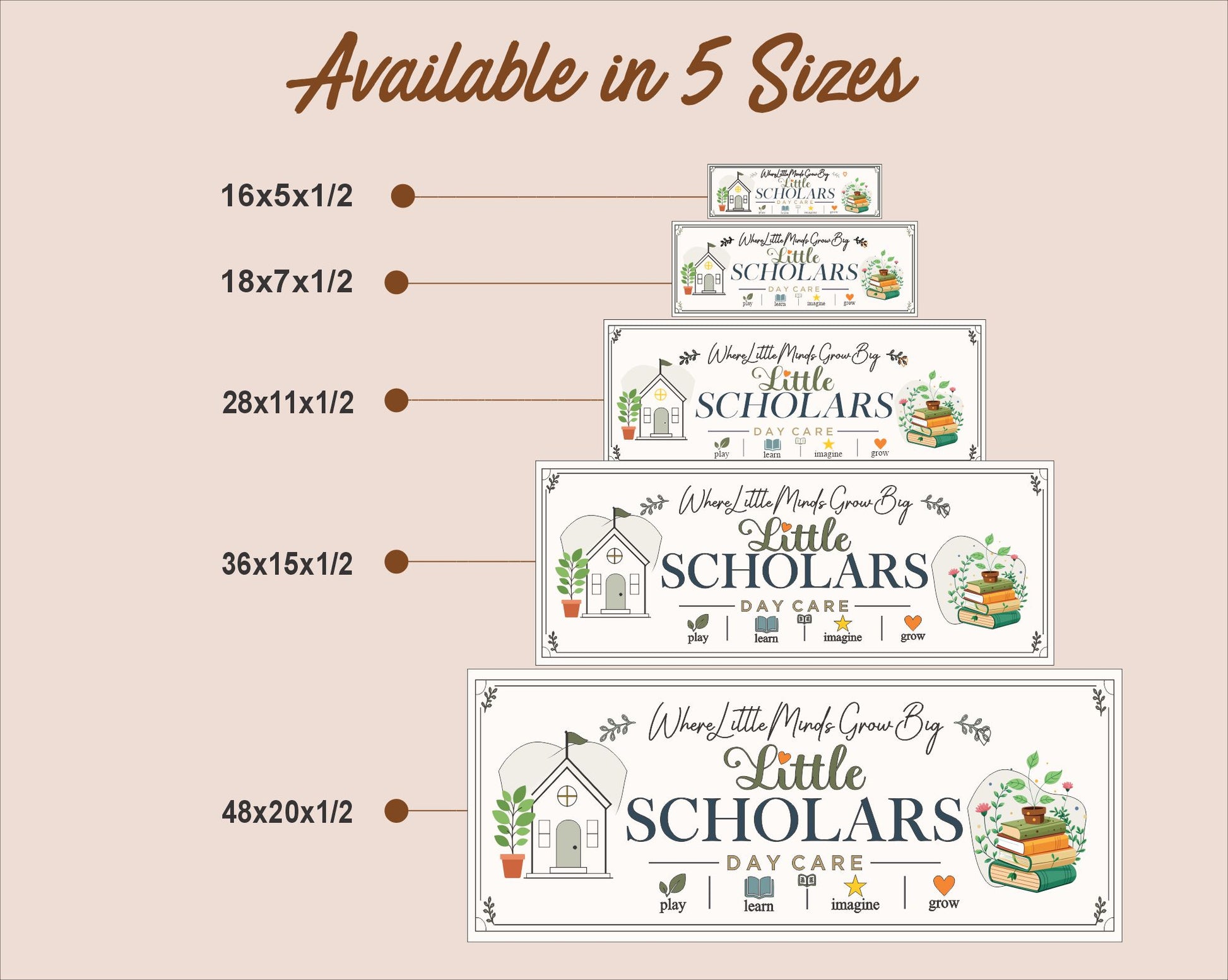Size comparison chart displaying all available personalized daycare sign sizes from 16x5 through 48x20 inches
