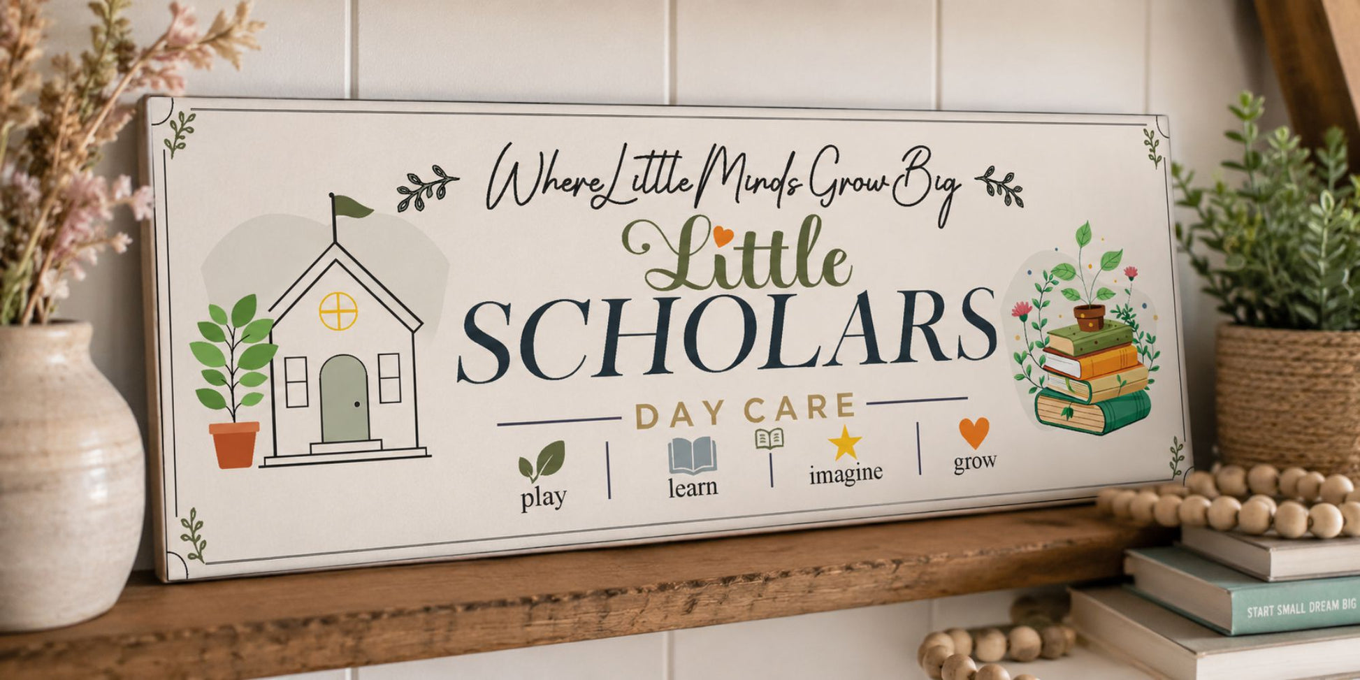 Personalized preschool wall decor displayed on rustic shelf with cozy classroom and learning space accents