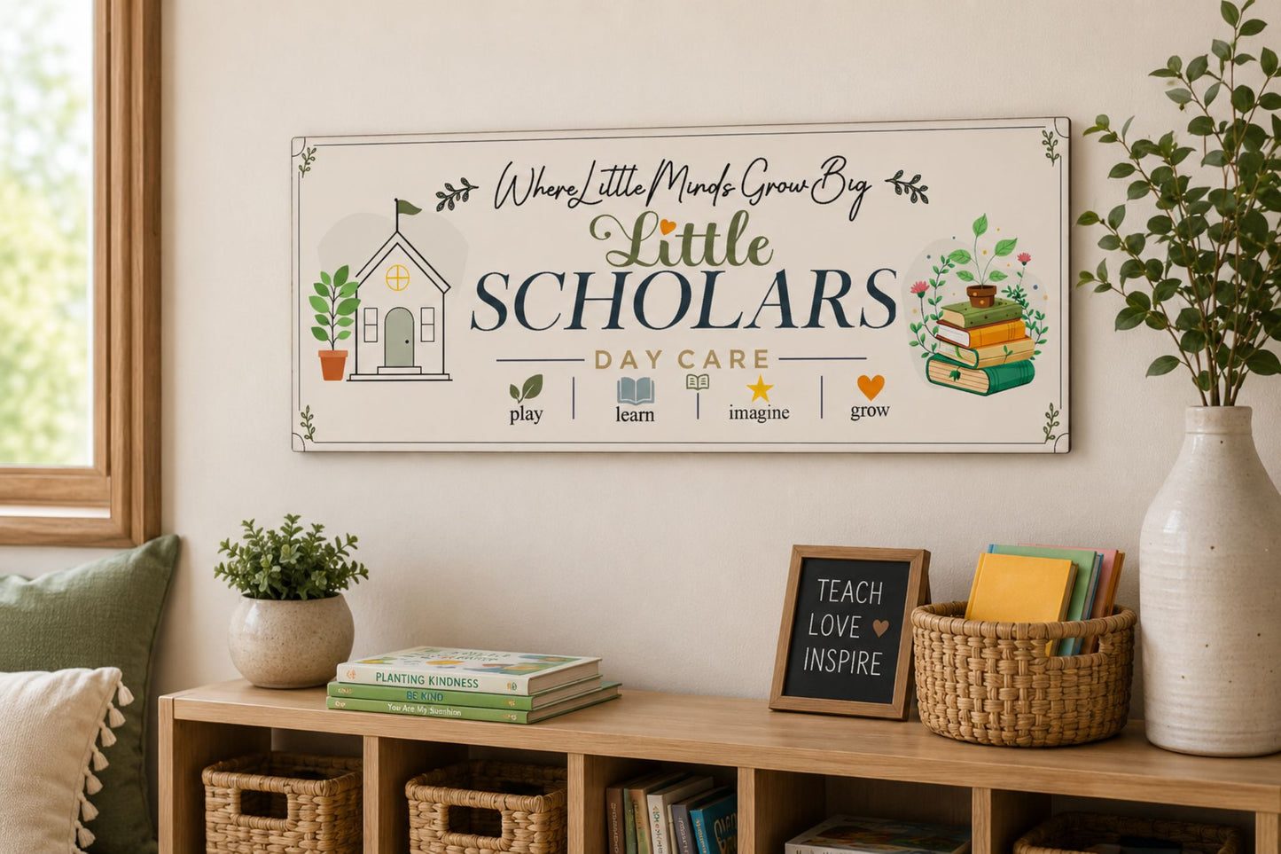 Custom Little Scholars daycare sign mounted on wall above classroom storage baskets and educational decor