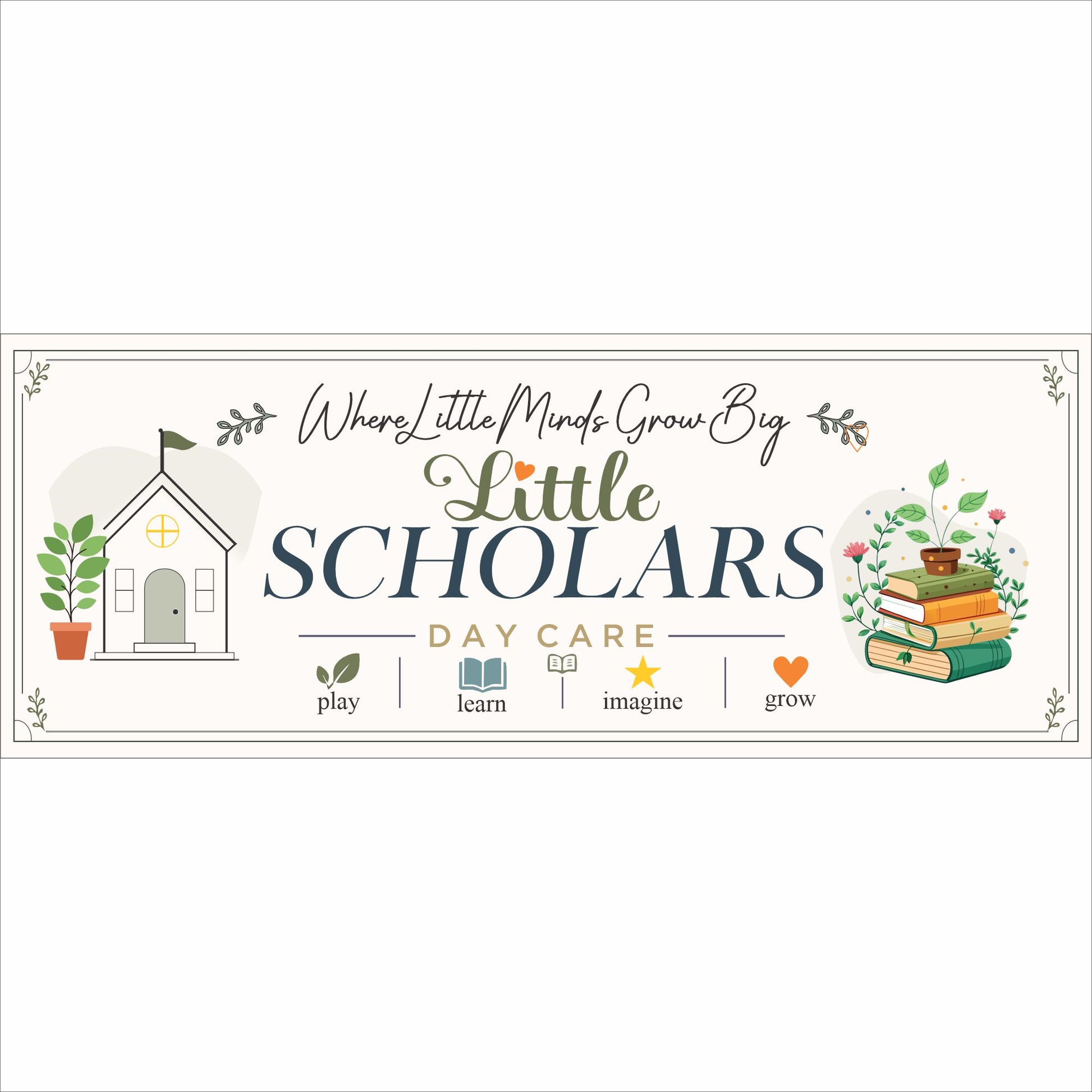 Custom daycare sign with personalized preschool wording botanical artwork books and schoolhouse illustration