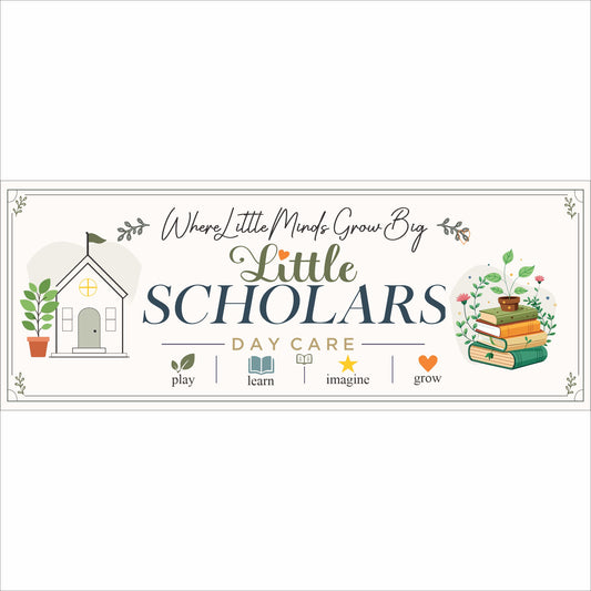 Custom daycare sign with personalized preschool wording botanical artwork books and schoolhouse illustration