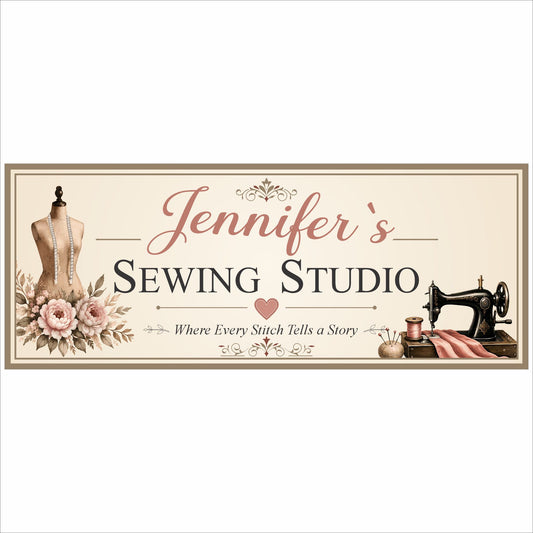 personalized sewing studio sign with printed vintage frame look floral accents mannequin sewing machine and customizable text