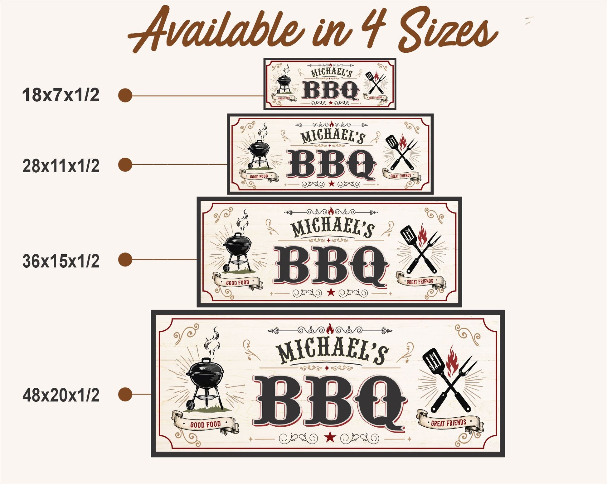 Size comparison chart showing four available sizes for personalized BBQ wall sign