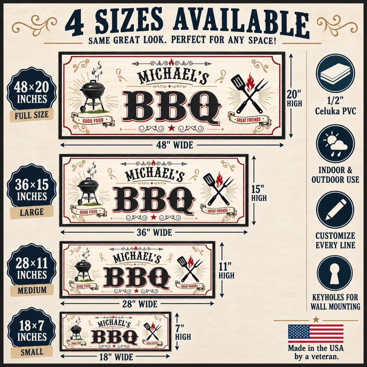 Vintage BBQ sign size guide showing 18×7, 28×11, 36×15, and 48×20-inch options, 1/2-inch Celuka PVC, indoor and outdoor use, and keyhole mounting.