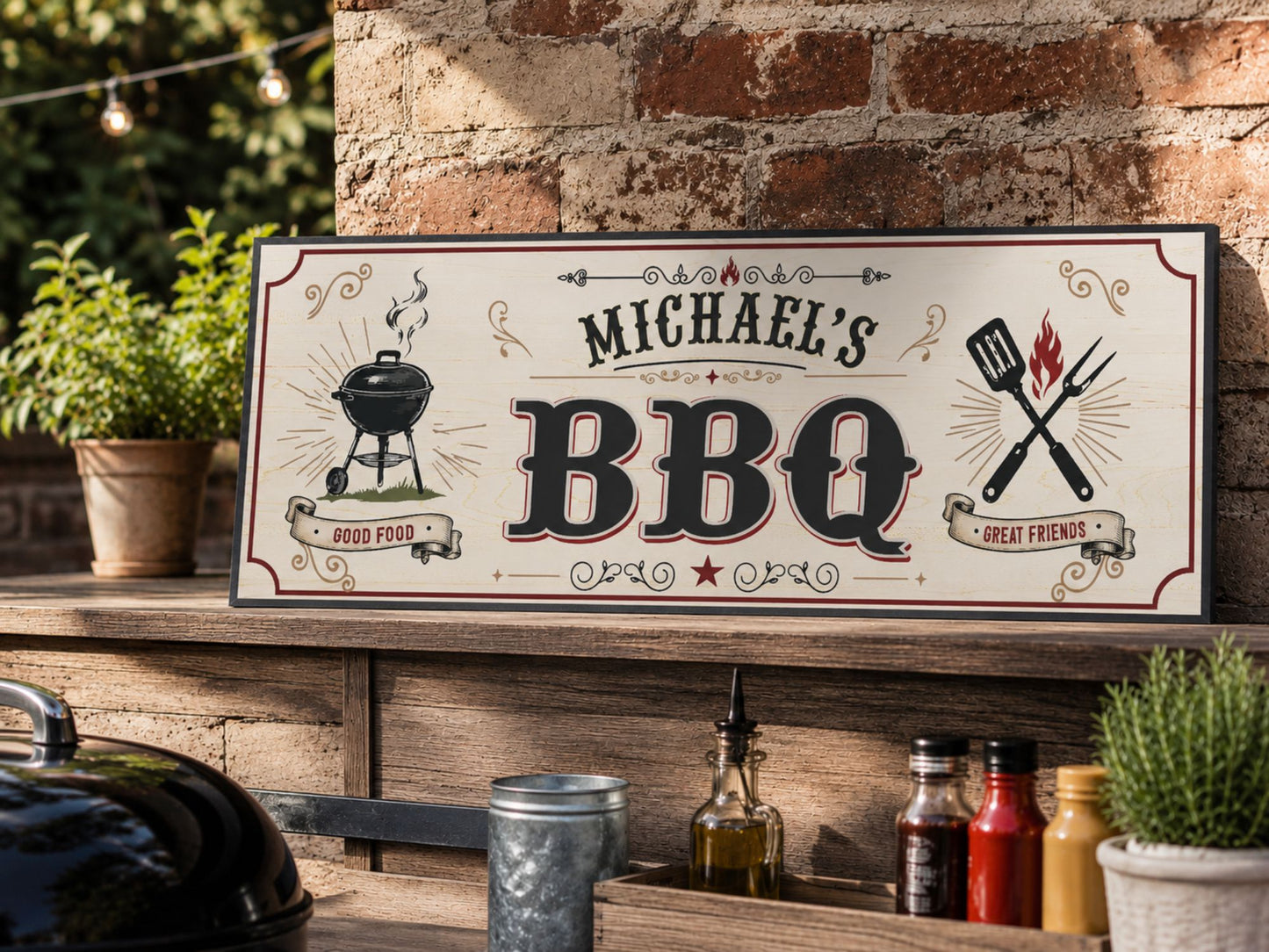 Custom backyard BBQ sign displayed outdoors near grill and patio cooking station