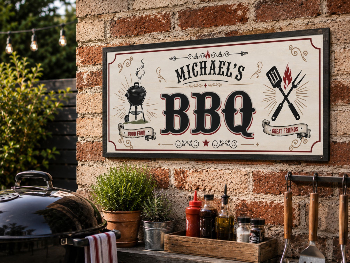 Personalized barbecue wall decor mounted on brick wall beside outdoor grill area