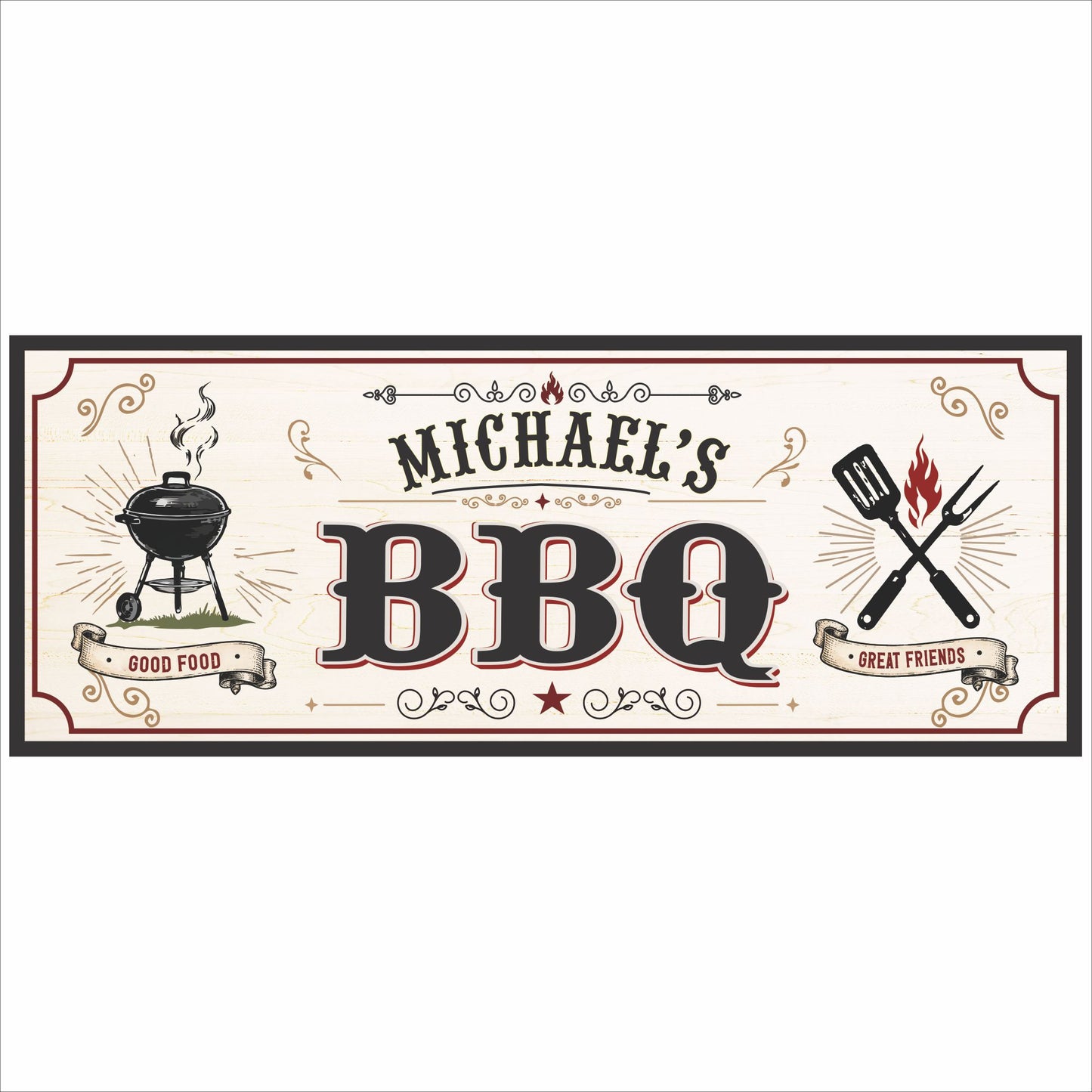 Personalized BBQ sign with vintage grill graphics and customizable text on light wood-look background