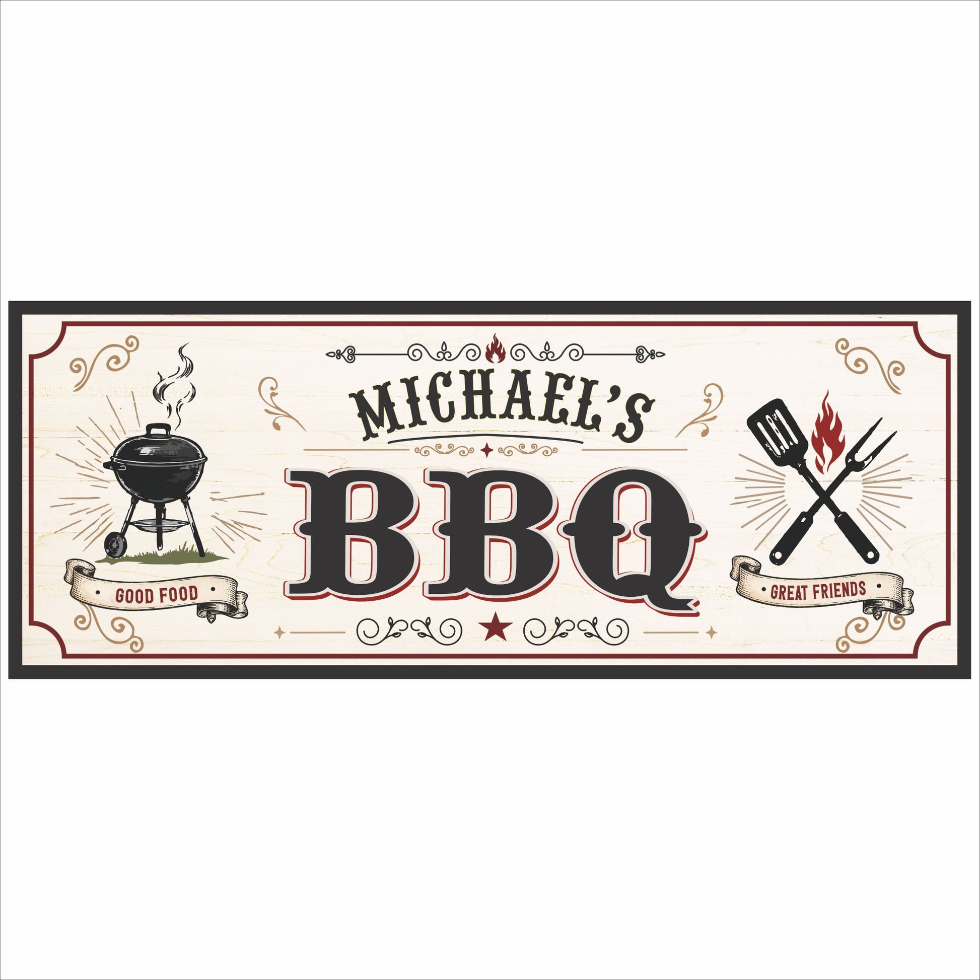 Personalized BBQ sign with vintage grill graphics and customizable text on light wood-look background