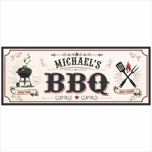 Personalized BBQ sign with vintage grill graphics and customizable text on light wood-look background