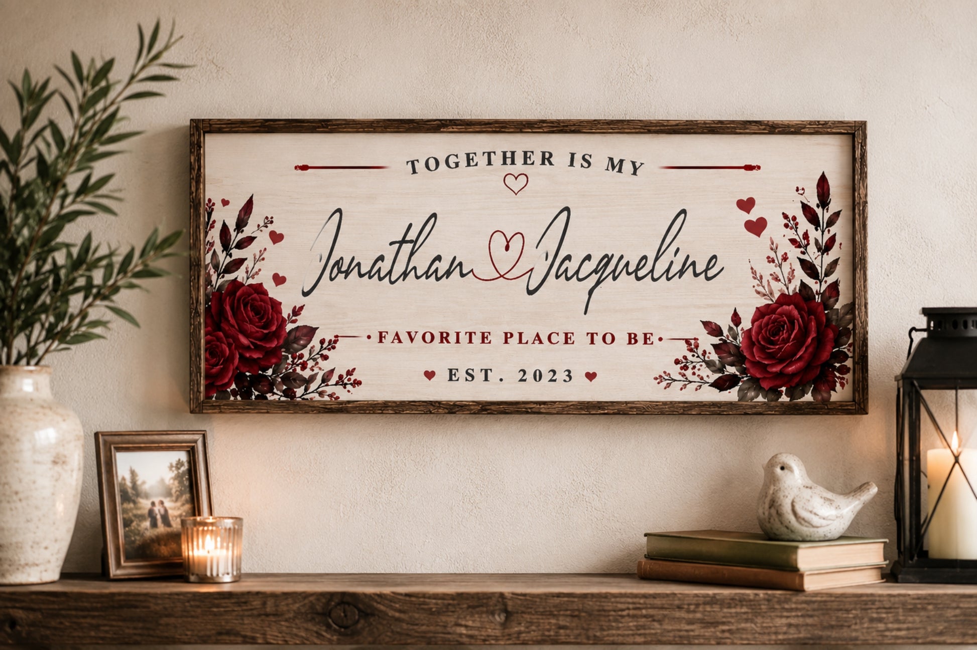 Lifestyle image showing custom love sign mounted above a shelf with candles and floral décor in a cozy home setting
