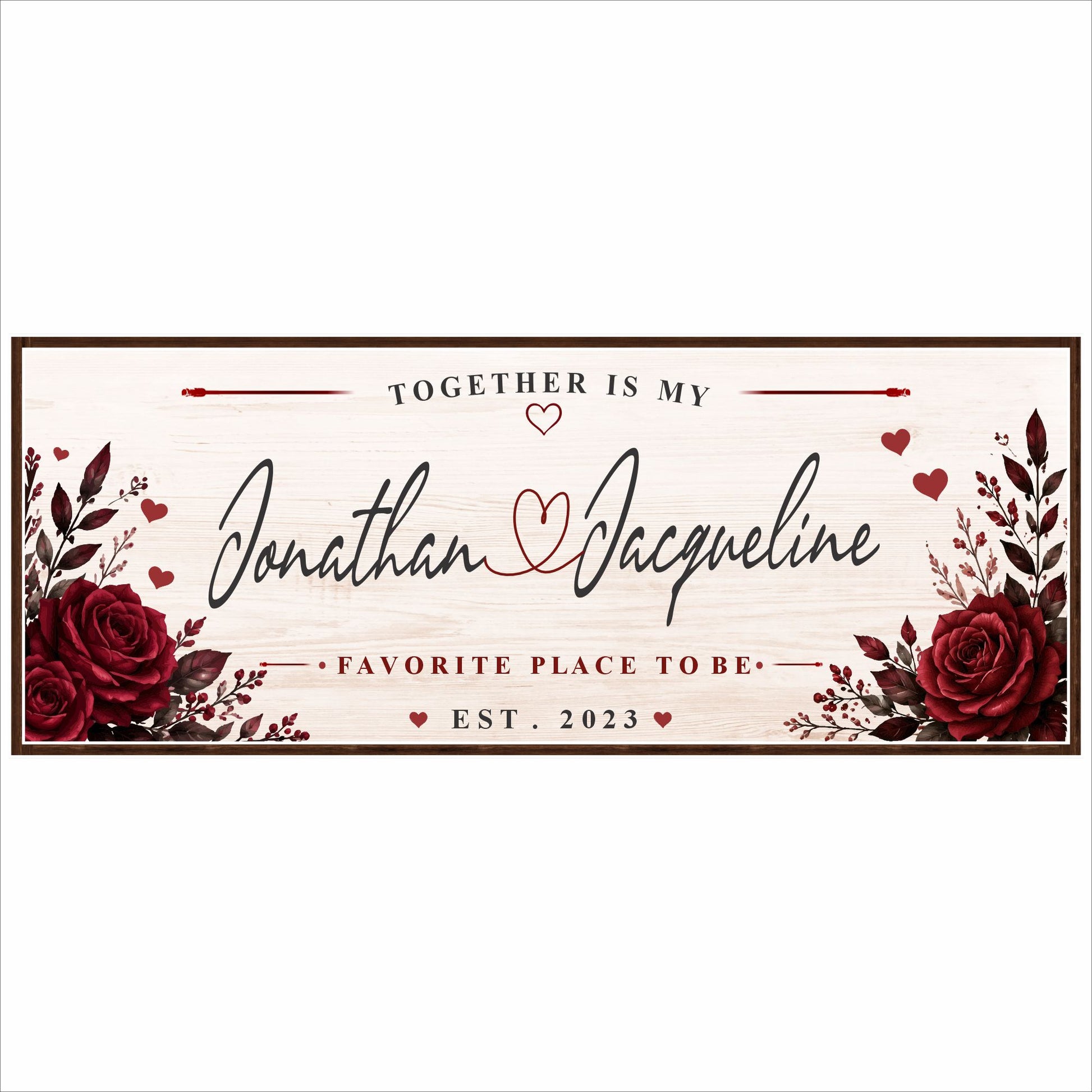 Front view of personalized floral wall sign with editable names, established date, and romantic quote on light background