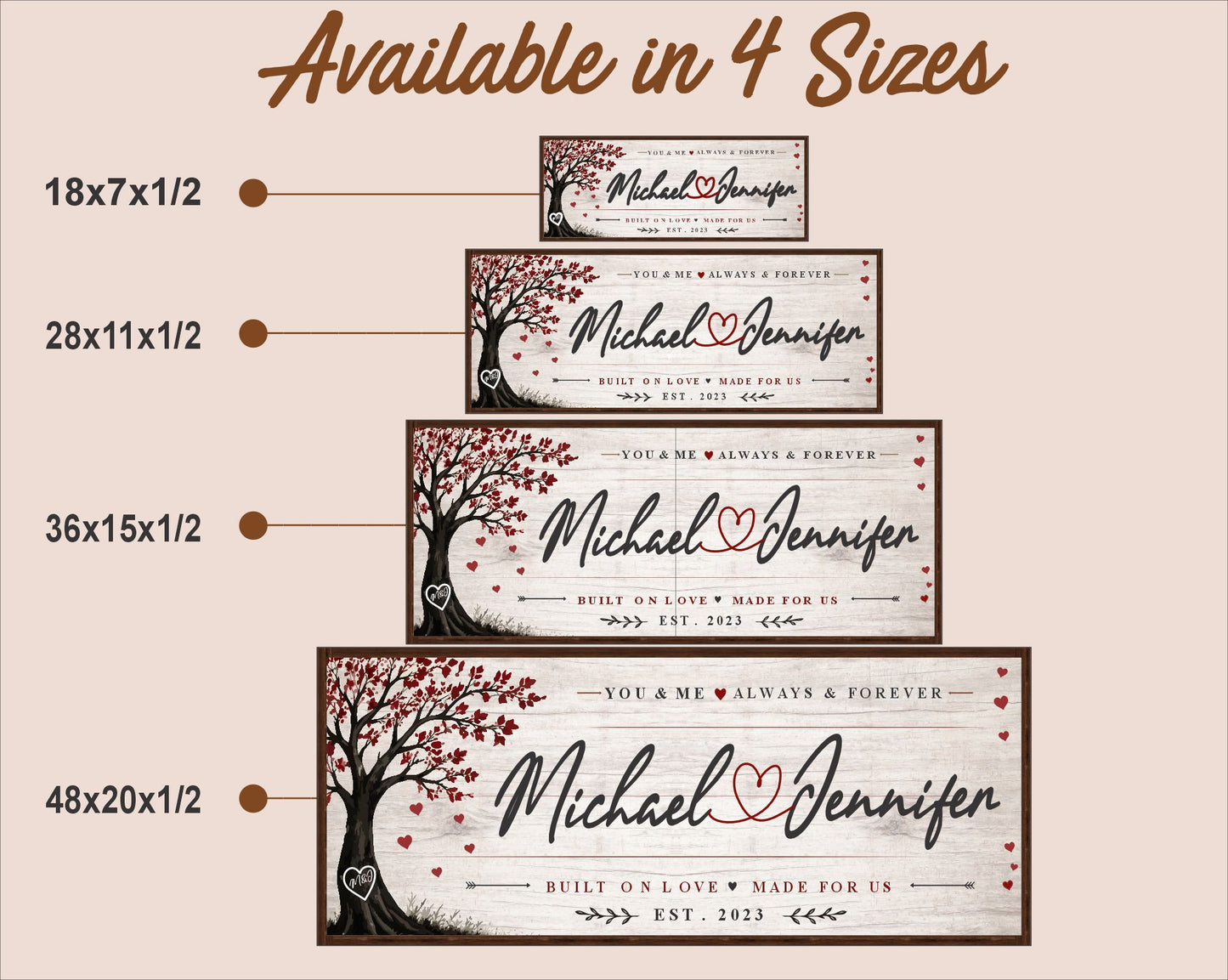 Size comparison chart showing all four available sizes for personalized anniversary sign