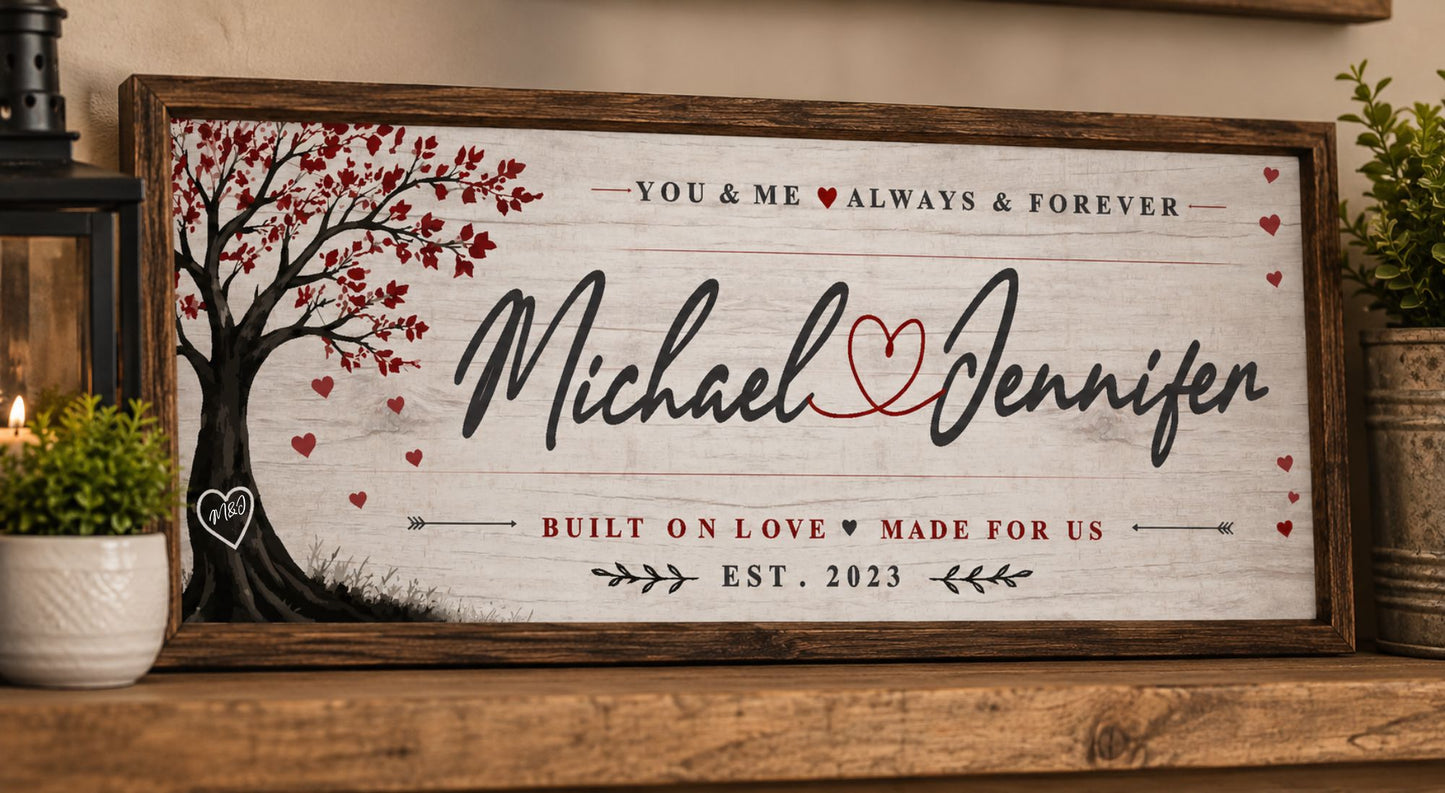 Custom couple anniversary sign displayed on rustic shelf with romantic farmhouse decor