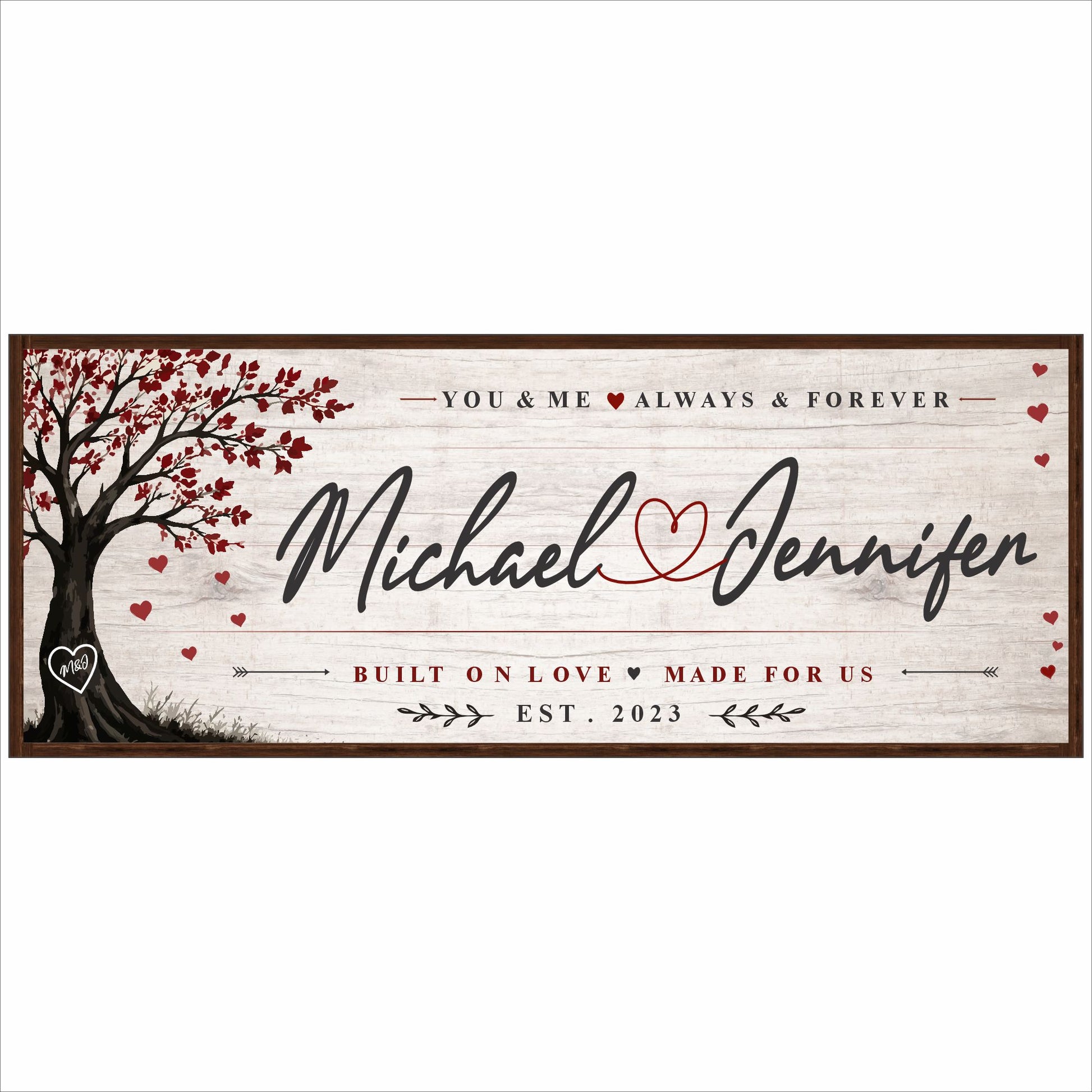 Personalized anniversary sign with romantic tree artwork and custom couple names 