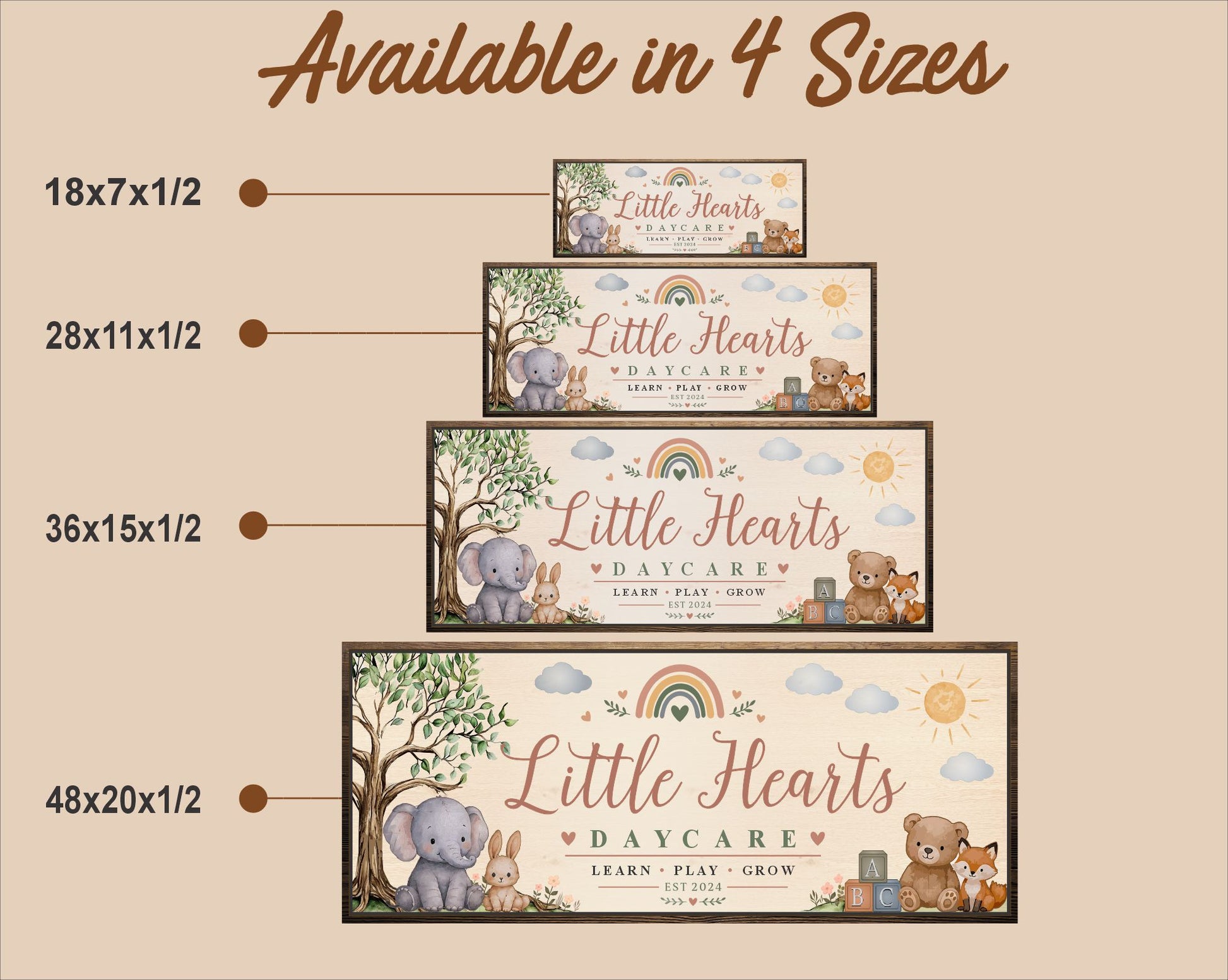 Size comparison image showing personalized daycare sign available in 18x7, 28x11, 36x15, and 48x20 inch sizes