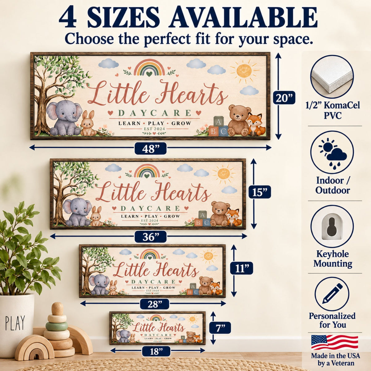 Size comparison image showing personalized daycare sign available in 18x7, 28x11, 36x15, and 48x20 inch sizes