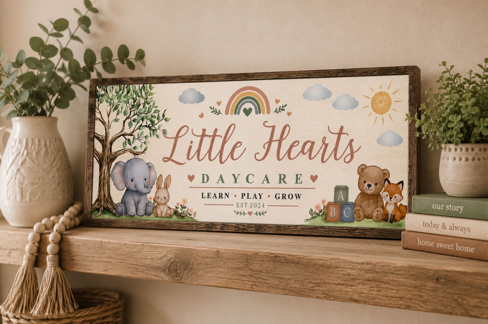 Custom daycare wall sign displayed on wooden shelf in cozy nursery setting with soft neutral decor and greenery