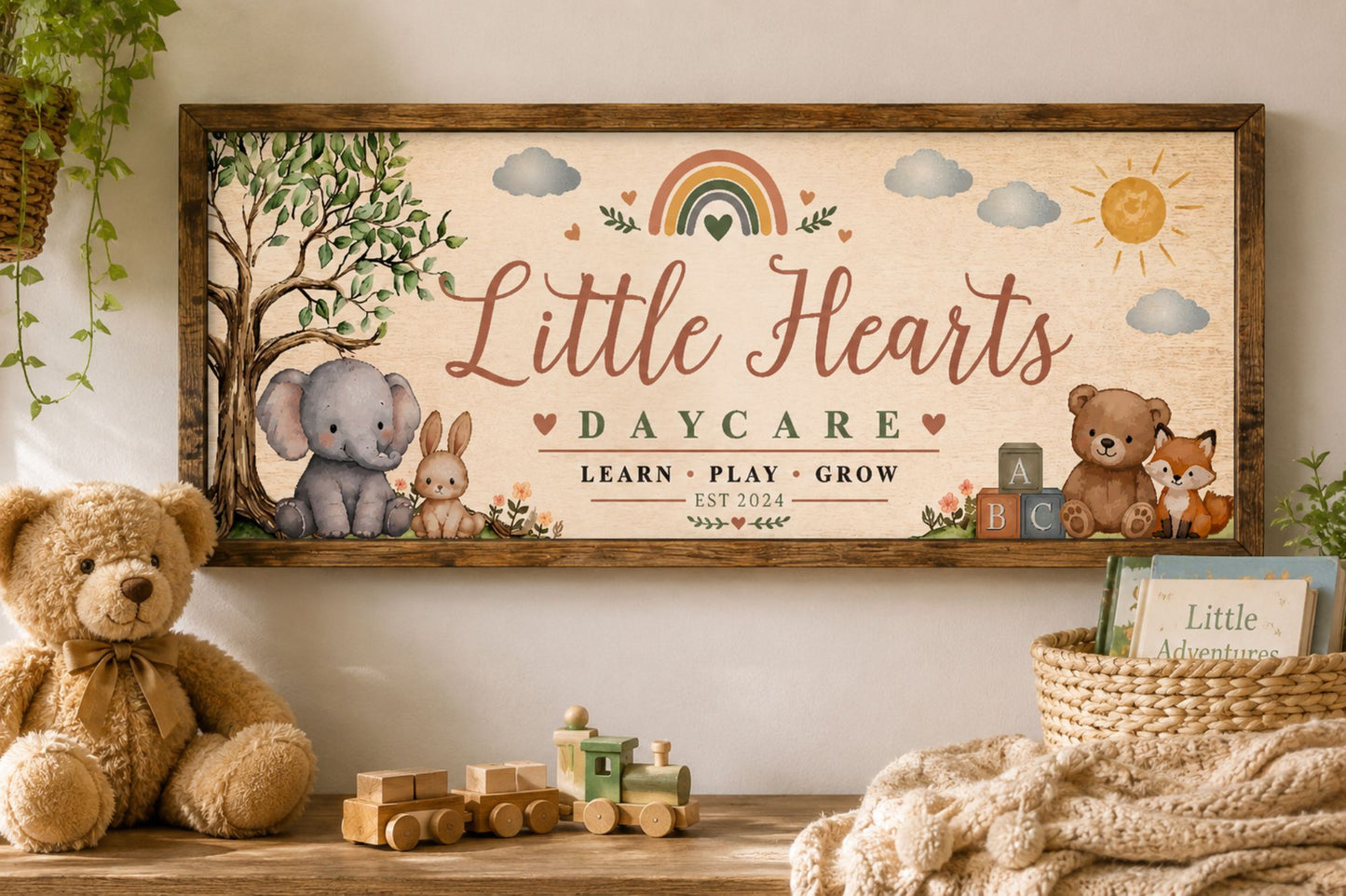 Personalized preschool sign mounted on nursery wall above stuffed animals and toys in calming daycare room setting