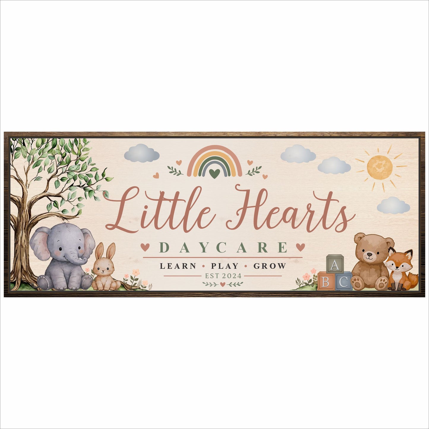 Personalized daycare sign with pastel rainbow, elephant, bunny, and woodland animal artwork displayed against white background
