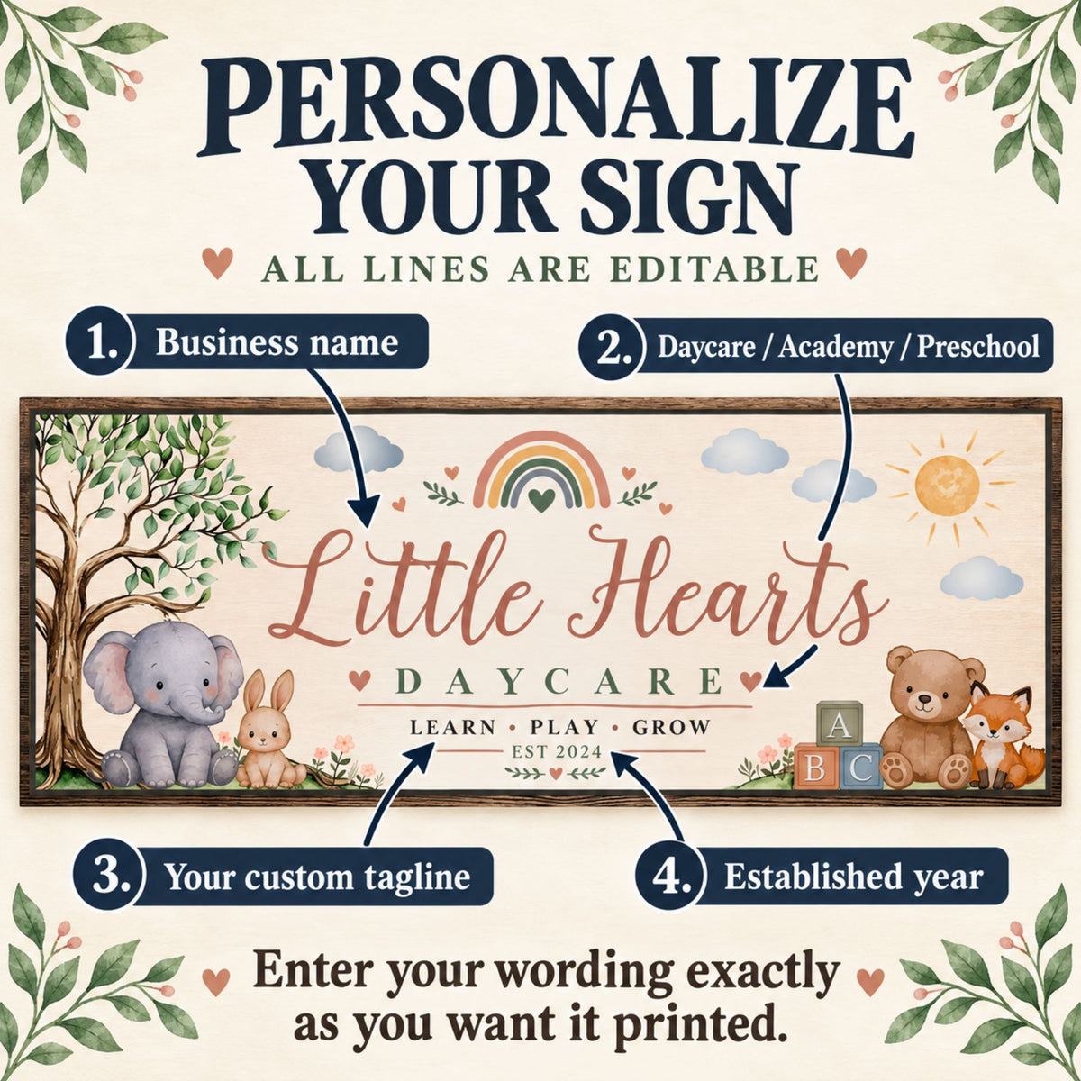 Personalized daycare sign with an elephant, bunny, bear, fox, and rainbow. Arrows identify four editable lines: business name, daycare designation, tagline, and established year.