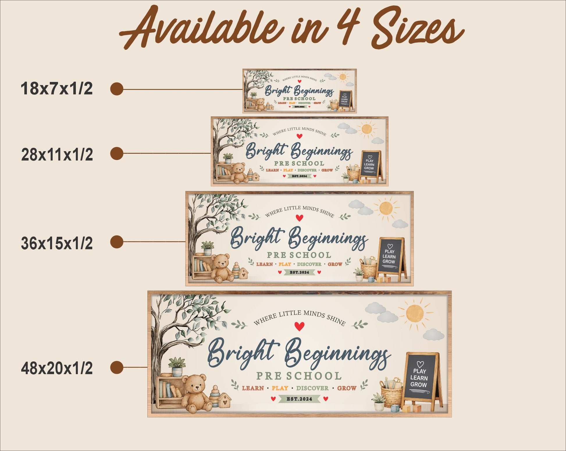 Size comparison chart showing personalized preschool sign available in 18x7 28x11 36x15 and 48x20 sizes