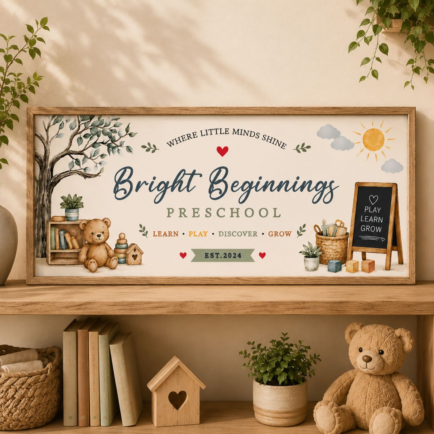 Personalized preschool sign with watercolor classroom artwork displayed on nursery shelf in neutral playroom