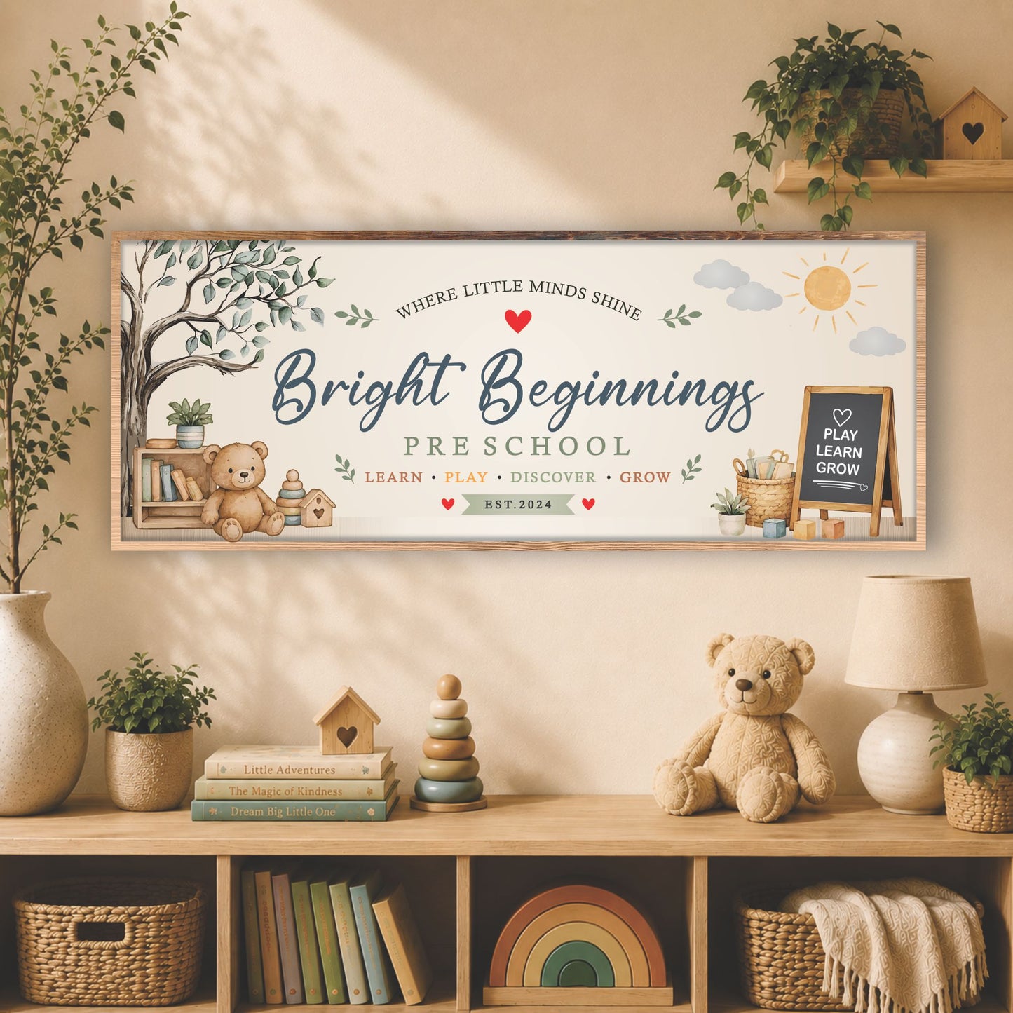 Personalized preschool wall sign displayed in cozy neutral nursery room with teddy bear decor and wooden shelf styling