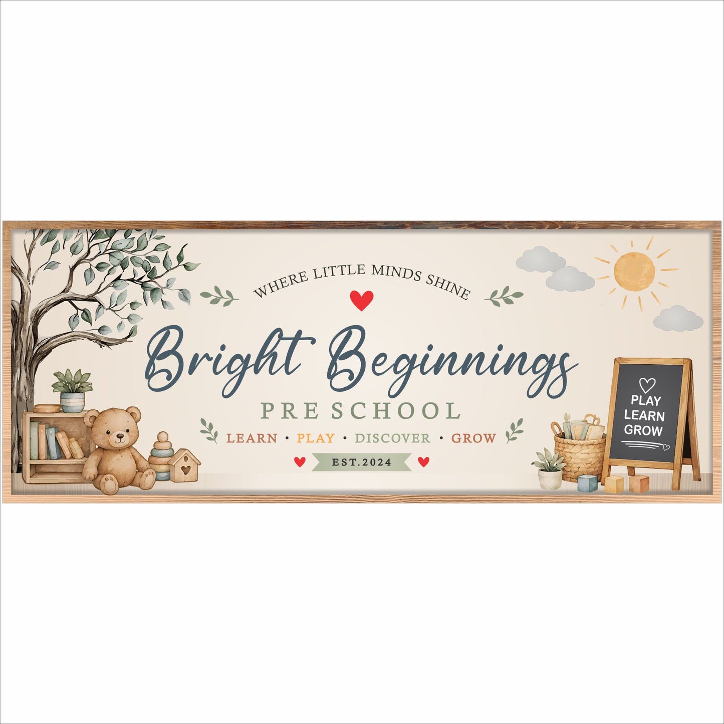 Custom preschool sign with watercolor teddy bear tree artwork and 5 editable personalization lines