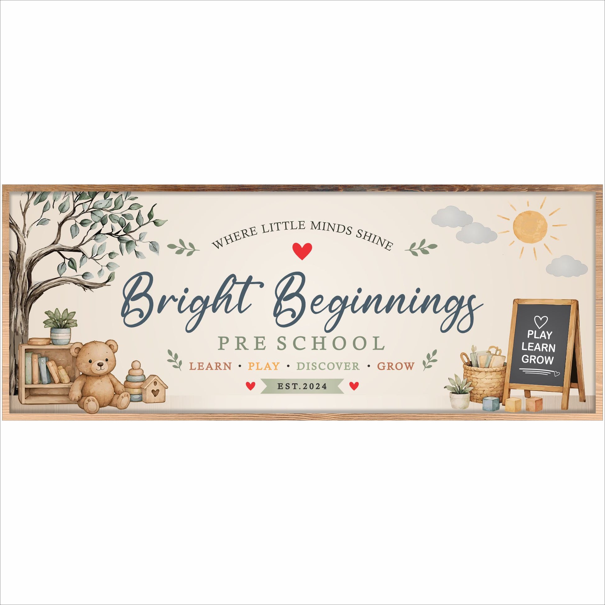 Custom preschool sign with watercolor teddy bear tree artwork and 5 editable personalization lines