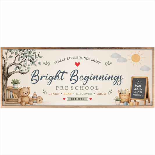 Custom preschool sign with watercolor teddy bear tree artwork and 5 editable personalization lines