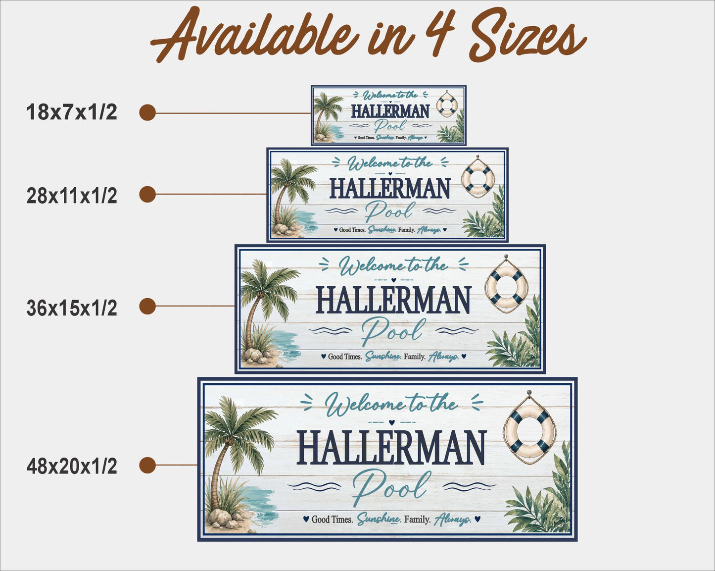 Custom pool sign size comparison image showing available sizes from 18x7 to 48x20 inches