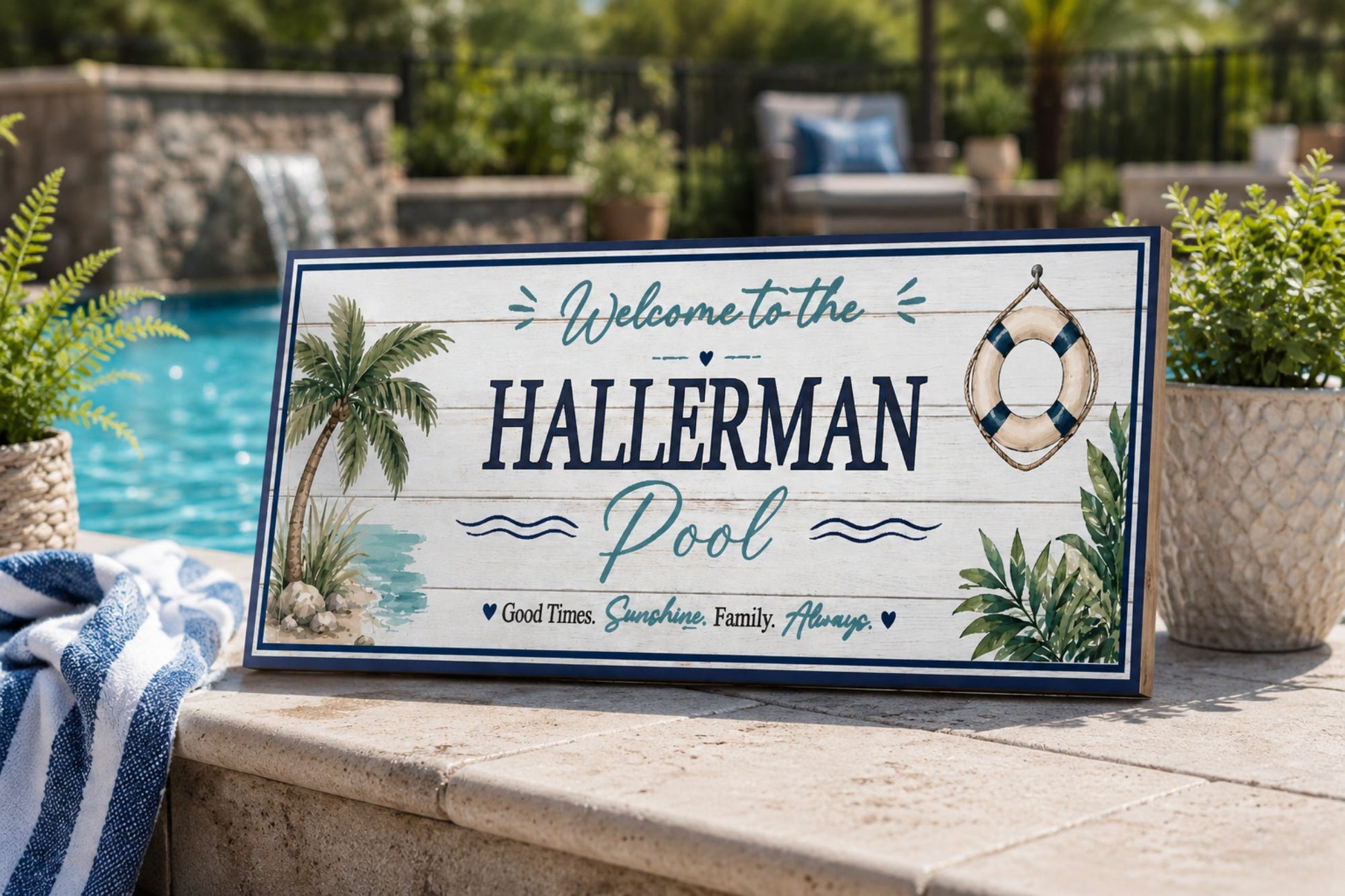Custom backyard pool sign displayed beside swimming pool with personalized coastal welcome design