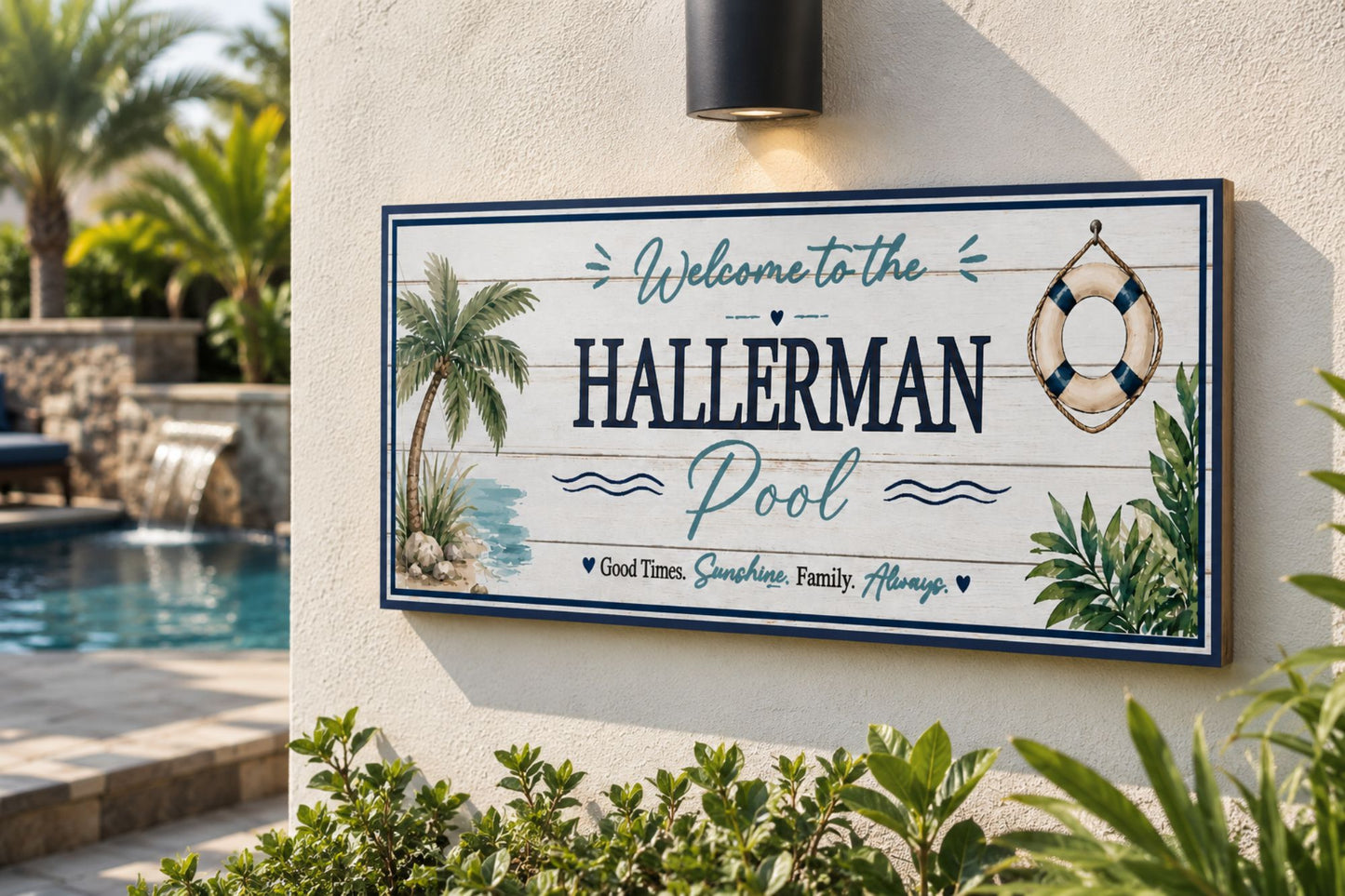 Personalized pool wall decor mounted outdoors near patio and pool area with beach-inspired styling