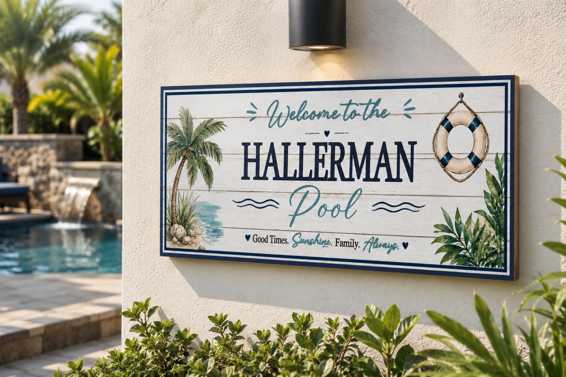 Personalized pool wall decor mounted outdoors near patio and pool area with beach-inspired styling