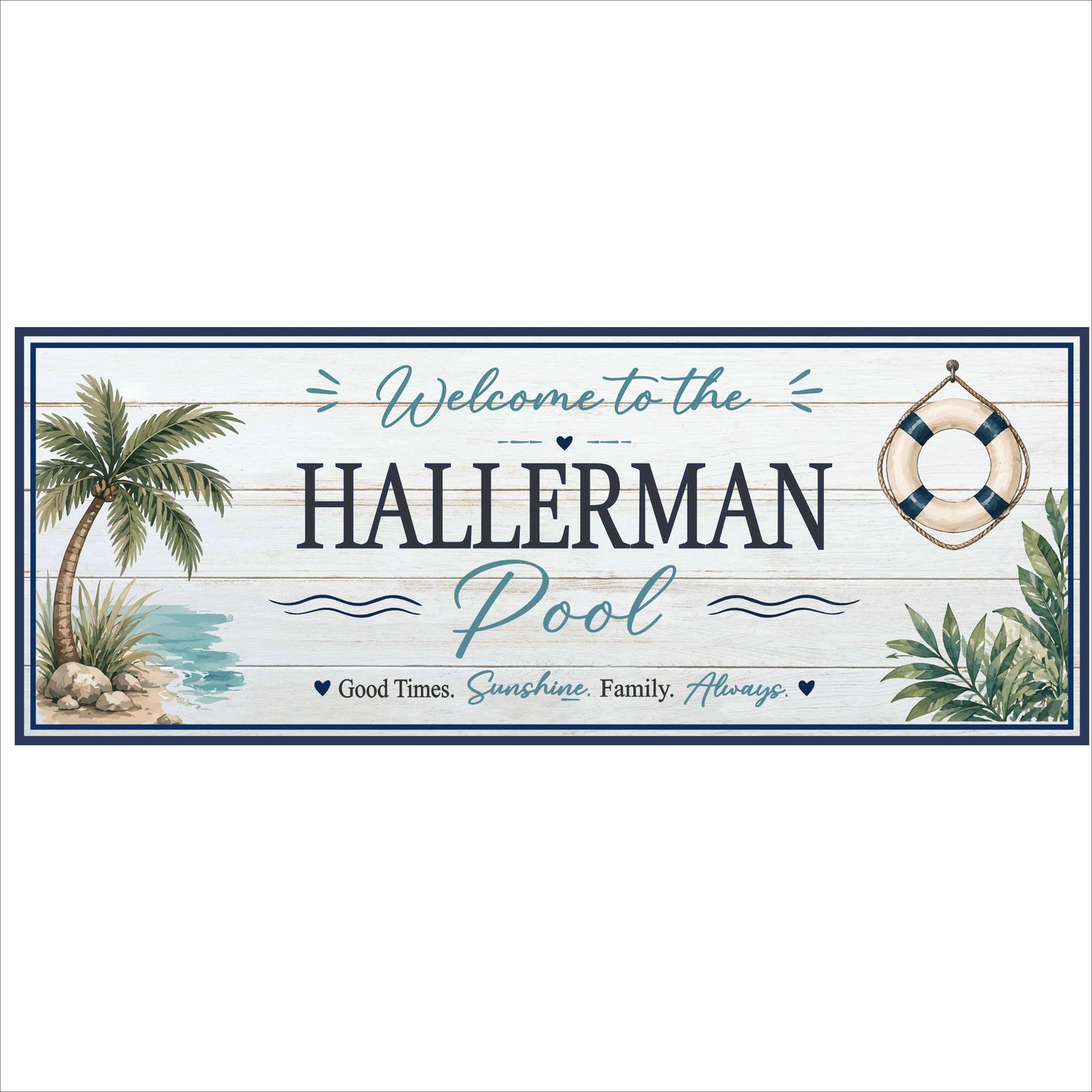 Personalized pool sign with tropical greenery lifebuoy artwork and custom family name on printed wood background