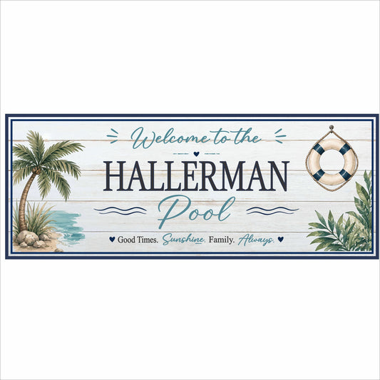 Personalized pool sign with tropical greenery lifebuoy artwork and custom family name on printed wood background