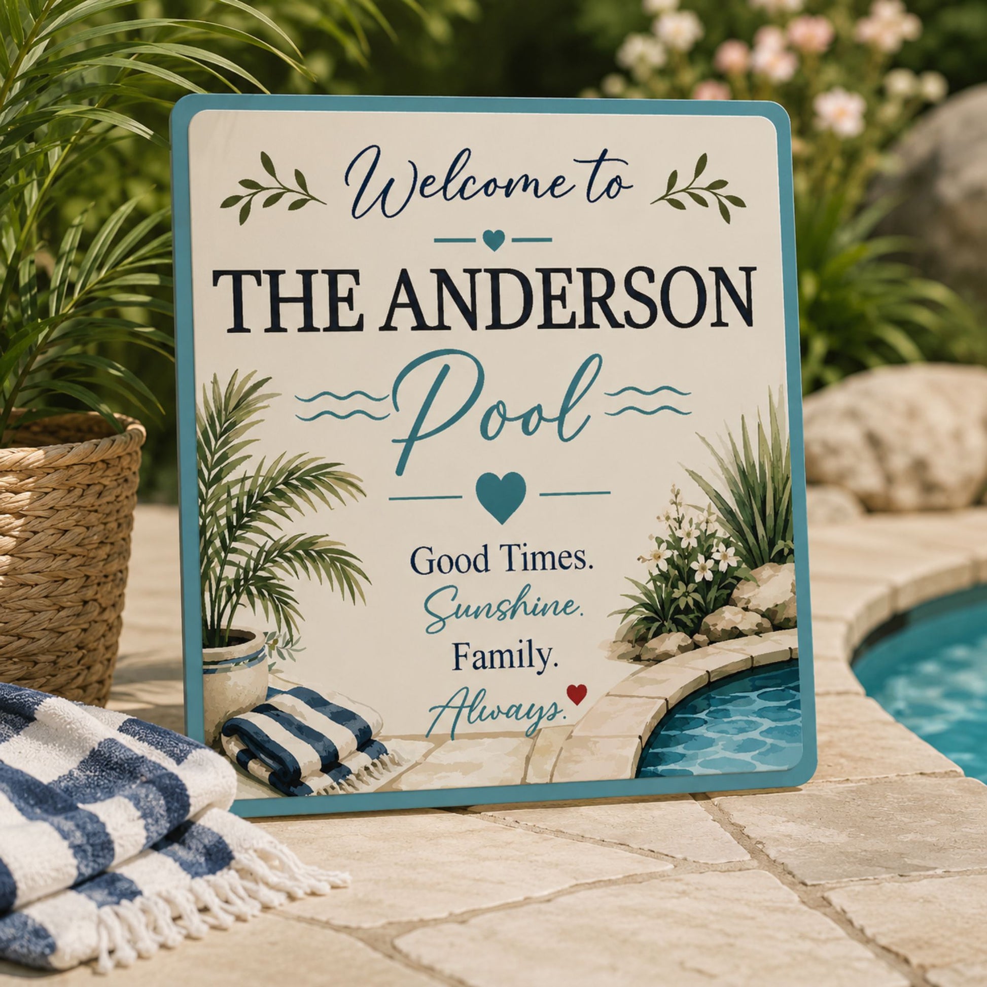 Personalized pool wall decor sign displayed poolside with tropical plants and folded towels