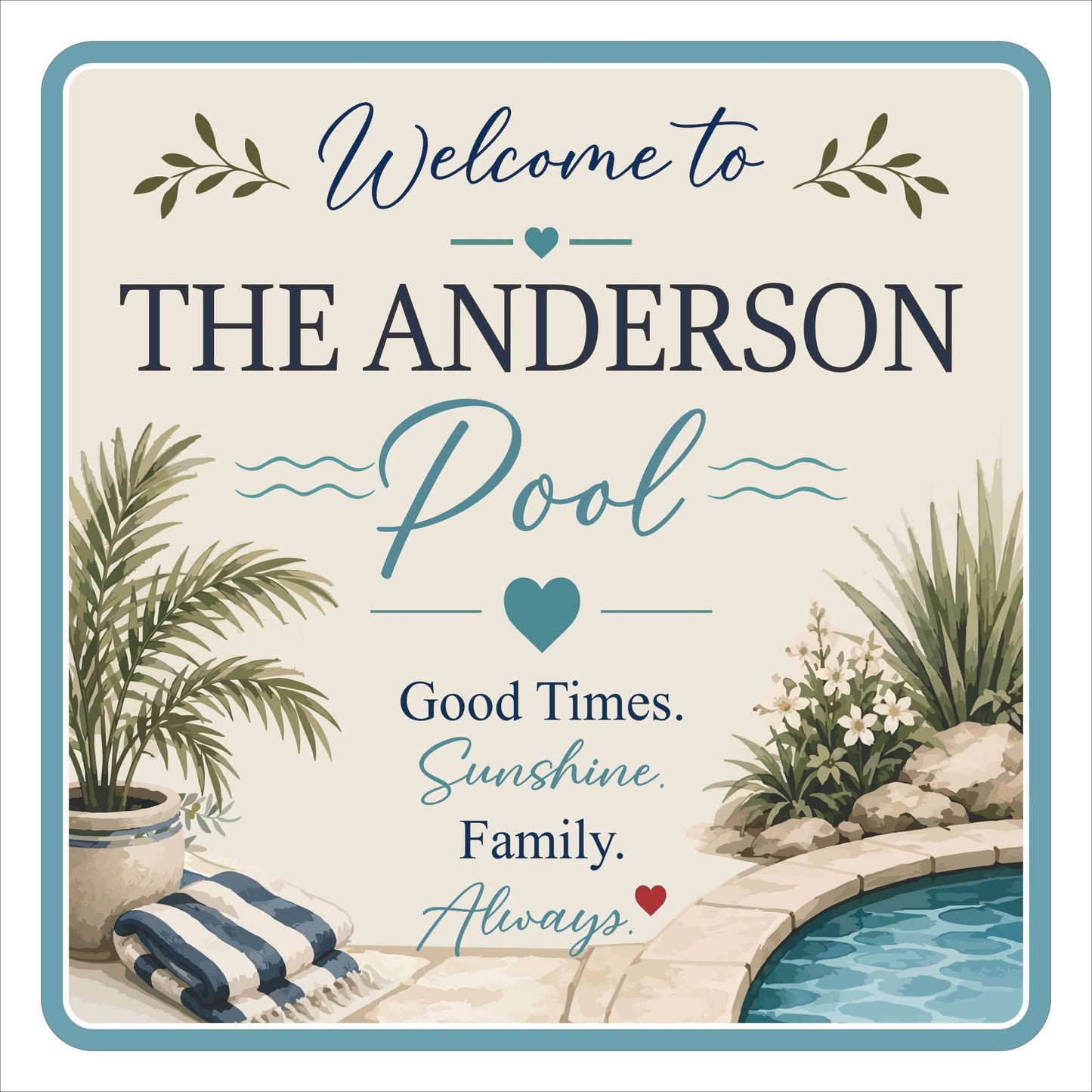 Custom pool sign with personalized family name and coastal poolside artwork on light background