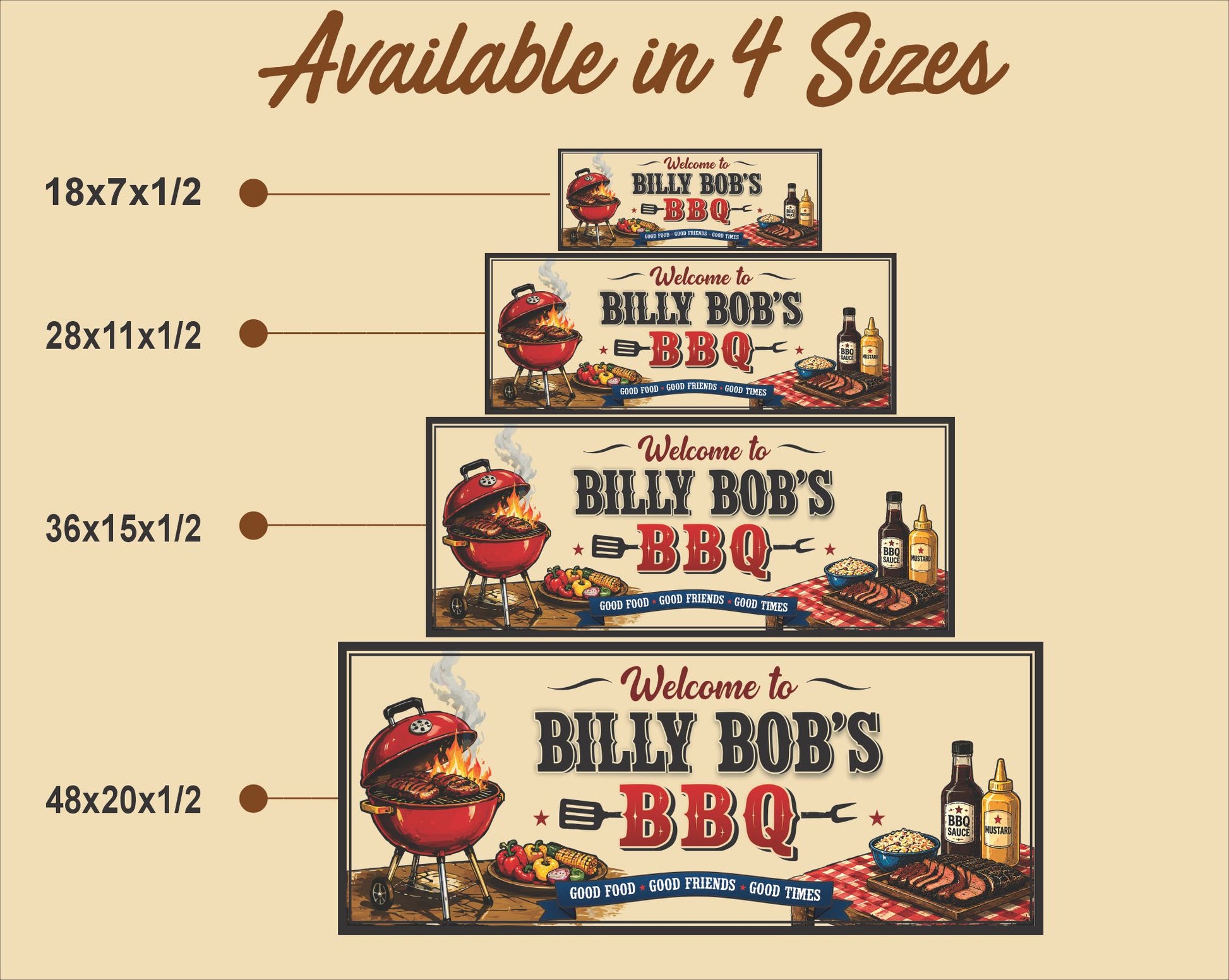 Available size comparison chart for personalized BBQ sign in four size options