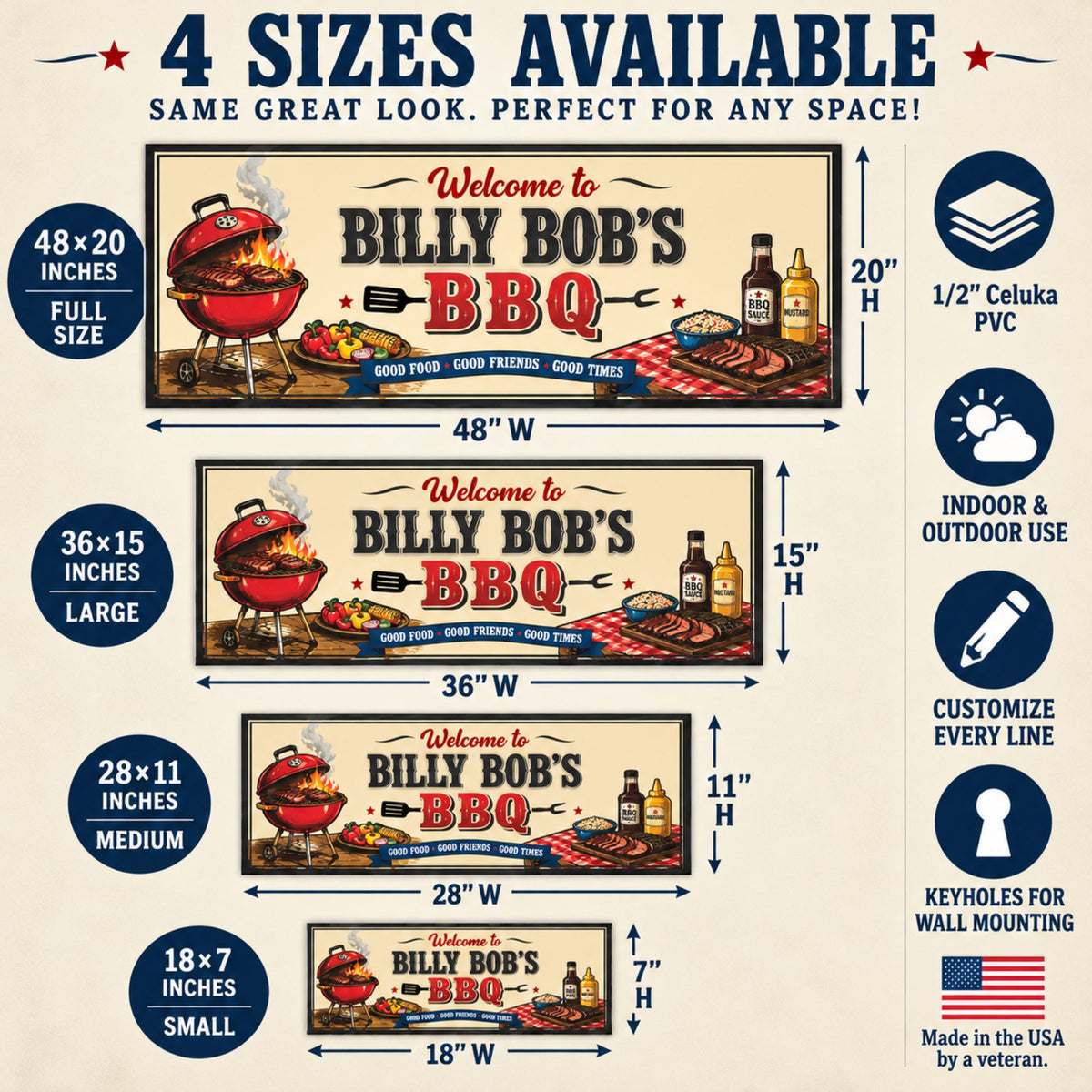 BBQ sign size guide showing 18×7, 28×11, 36×15, and 48×20-inch options, 1/2-inch Celuka PVC, indoor and outdoor use, and keyhole mounting.