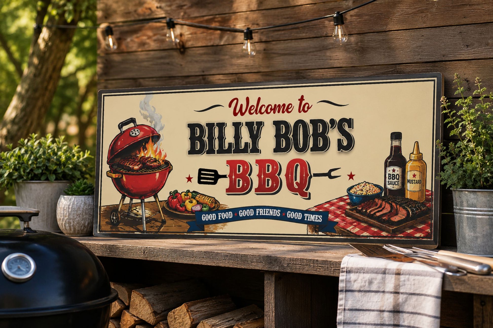 Custom BBQ wall sign displayed on an outdoor shelf beside grilling tools and greenery

Alt Text 3